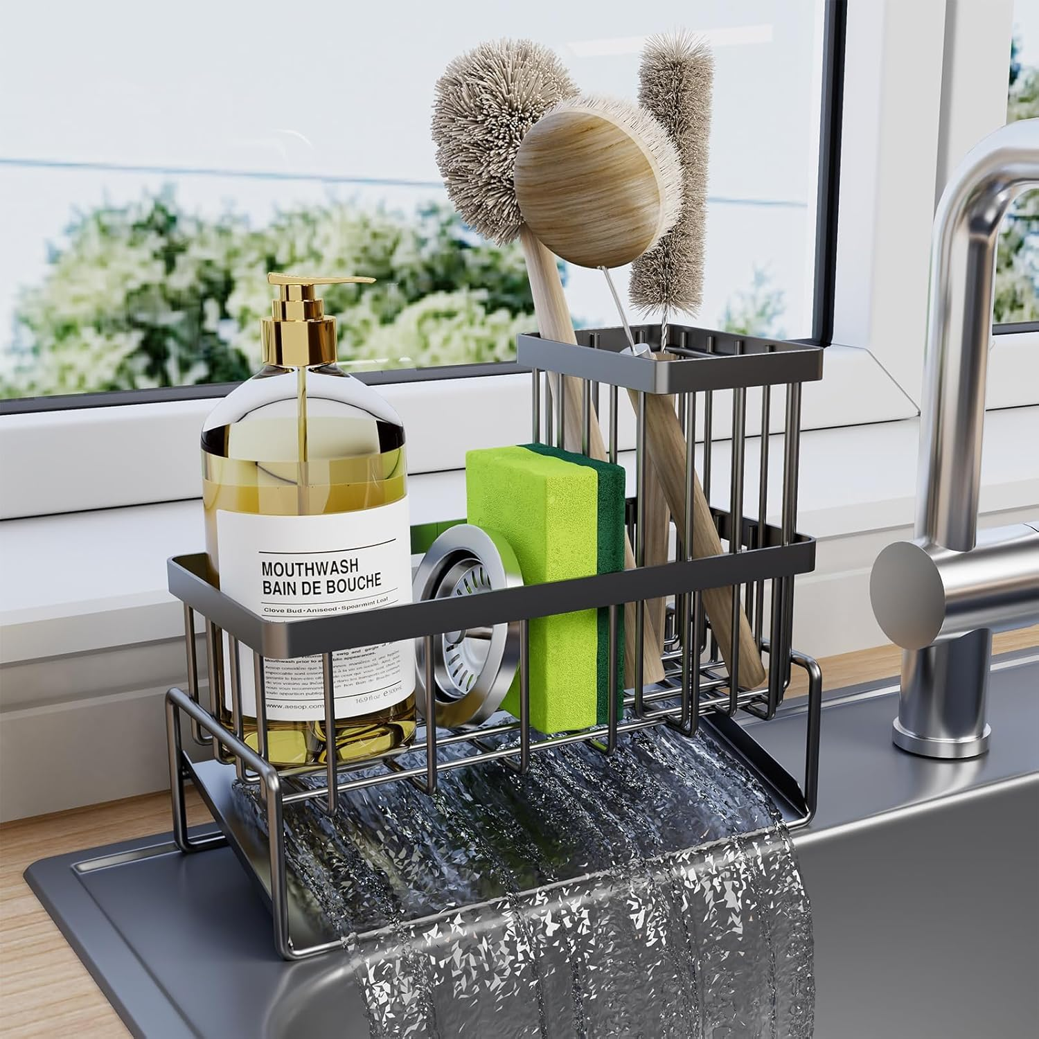 Sponge Holder for Kitchen Sink Caddy Organizer, Soap Sponge Caddy with Brush Holder, Rustproof Sink Accessory with Dividers for Storage Kitchen Gadgets