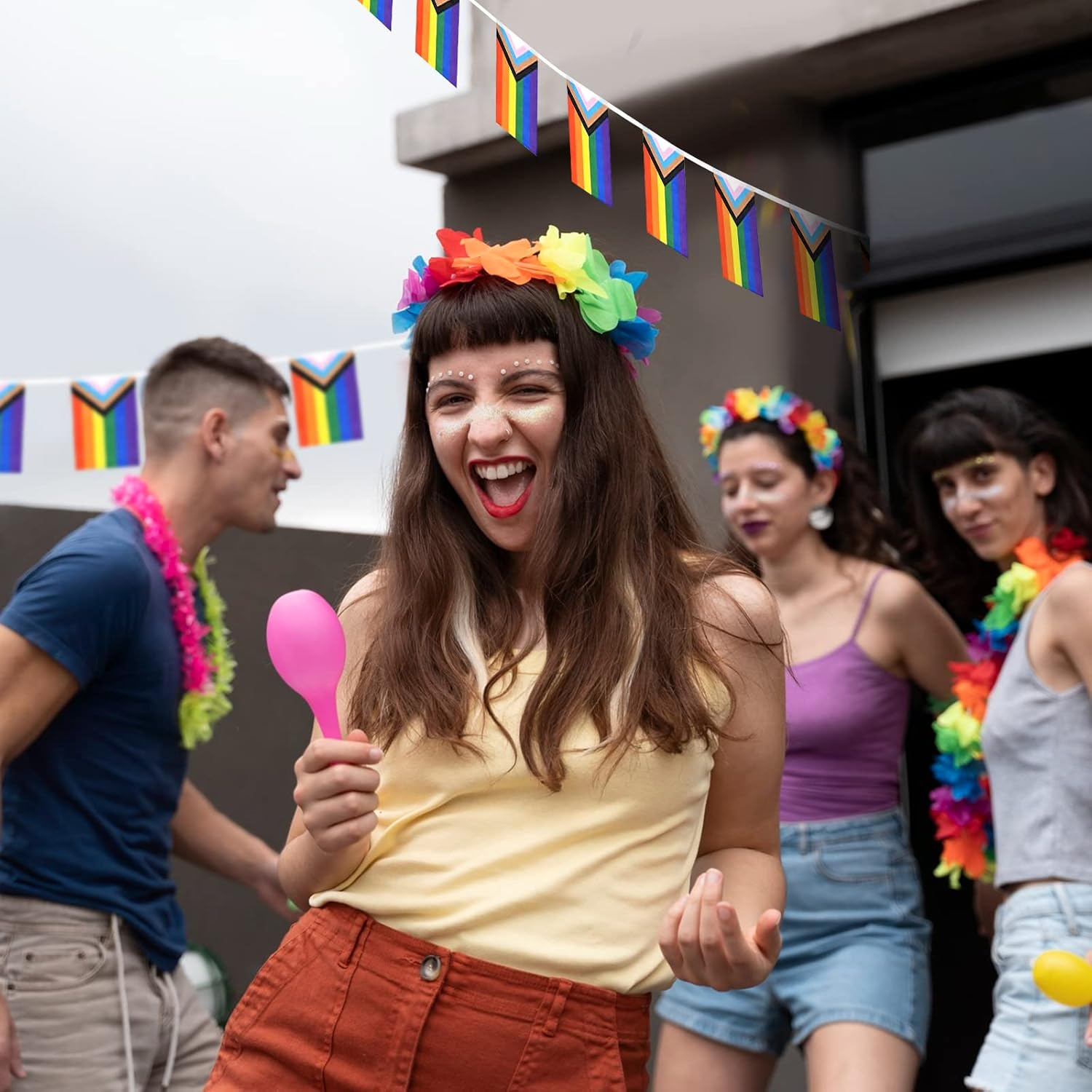 32.8Ft 38 Pcs Progress Pride Pennant Flags Banner,Gay LGBTQ Rainbow Pride Banner Flag, Colorful Stripes Bunting Banner for Pride Decorations, Pride Month, Party, Restaurants, Garden Decor image number 1
