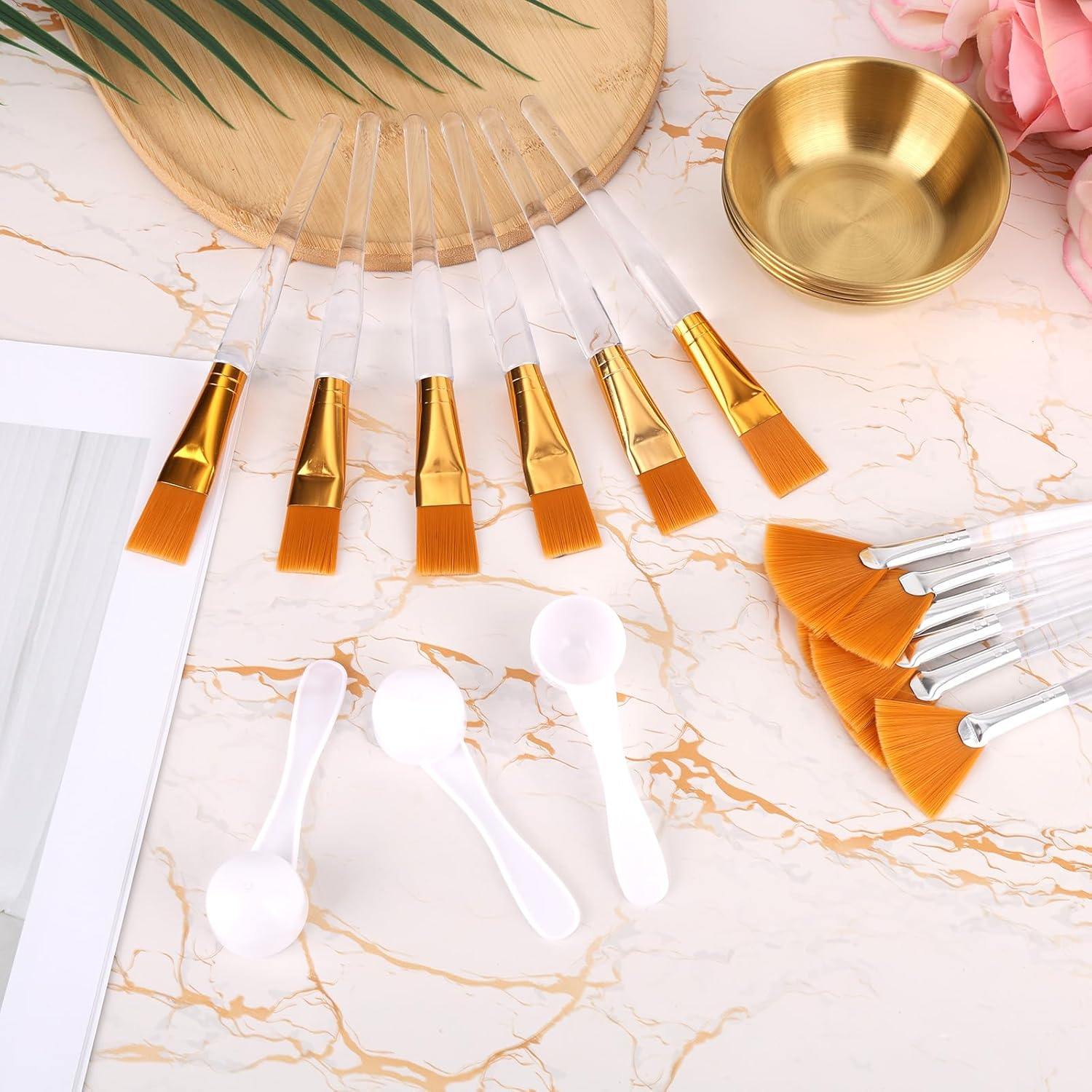 12Pcs Esthetician Supplies for Facials Set, Including 3 Facial Bowls, 3 Fan Brushes, 3 Brushes & 3 Scoop for Women Cosmetic Mask Mixing Set Make up Tool (Gold) image number 2