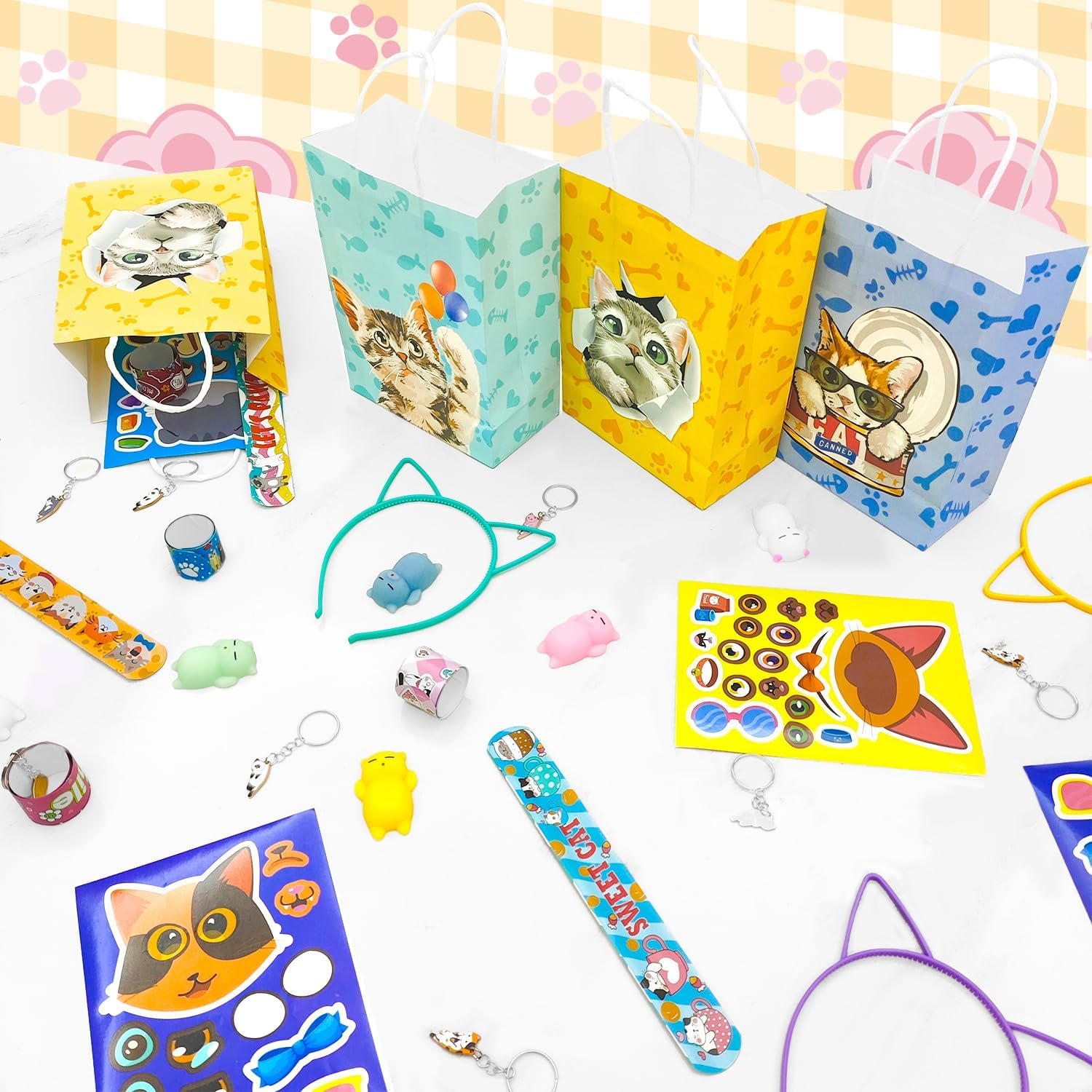 Cat Party Favors, 72Pcs Kitty Party Favors Set Including Cat Goodie Bags Ears Headband Stickers Keychains Slap Bracelets Etc Cat Themed Party for Birthday Decorations Supplies