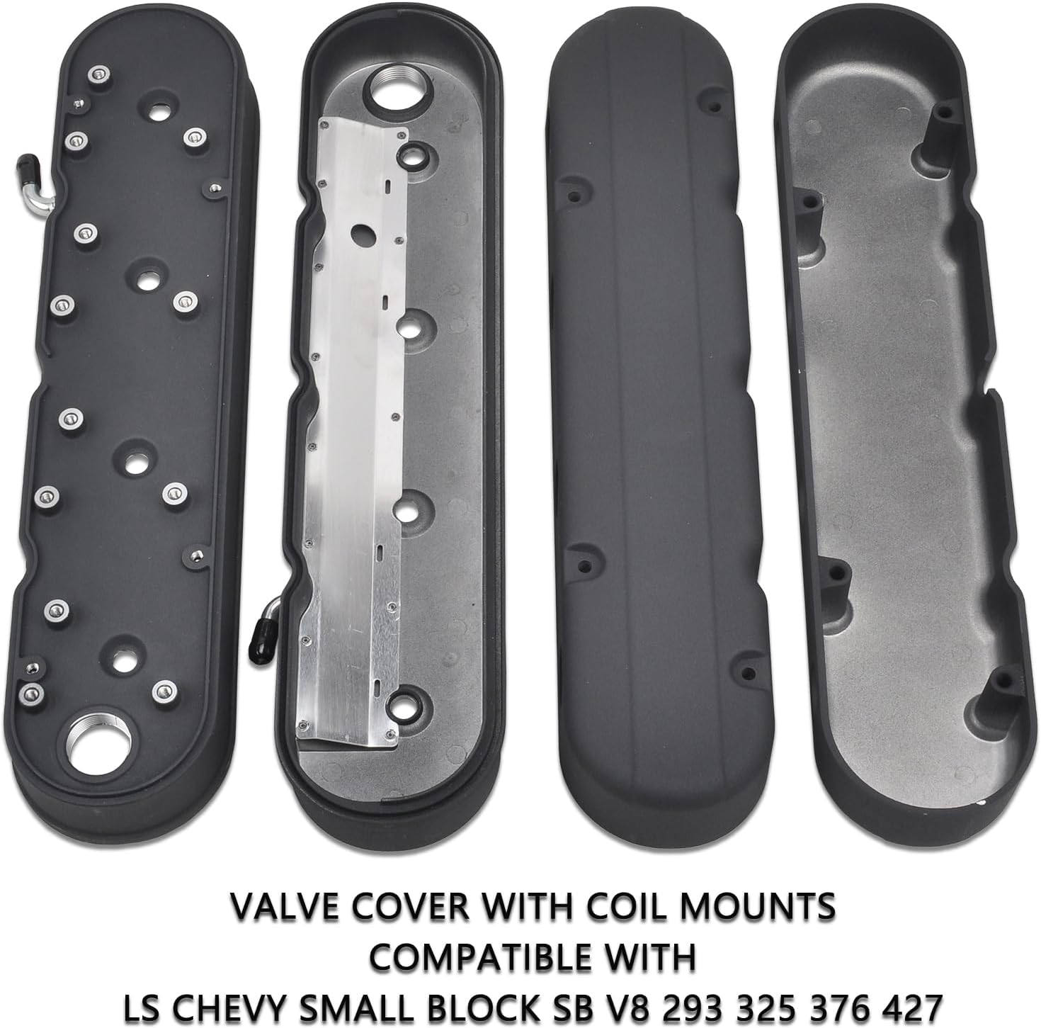 Cast Aluminum Valve Covers with Coil Mounts Compatible with LS Chevy Small Block SB V8 293 325 376 427 - Black image number 4