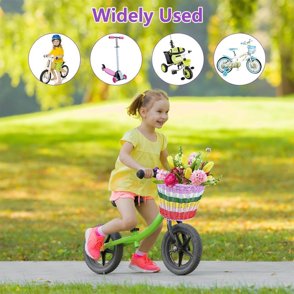 2-Piece Kids Bicycle Basket &ndash; Hand-Woven Rainbow Color Bike Baskets for Toddlers, Waterproof Tricycle and Scooter Basket with Adjustable Strap for Boys and Girls image number 2