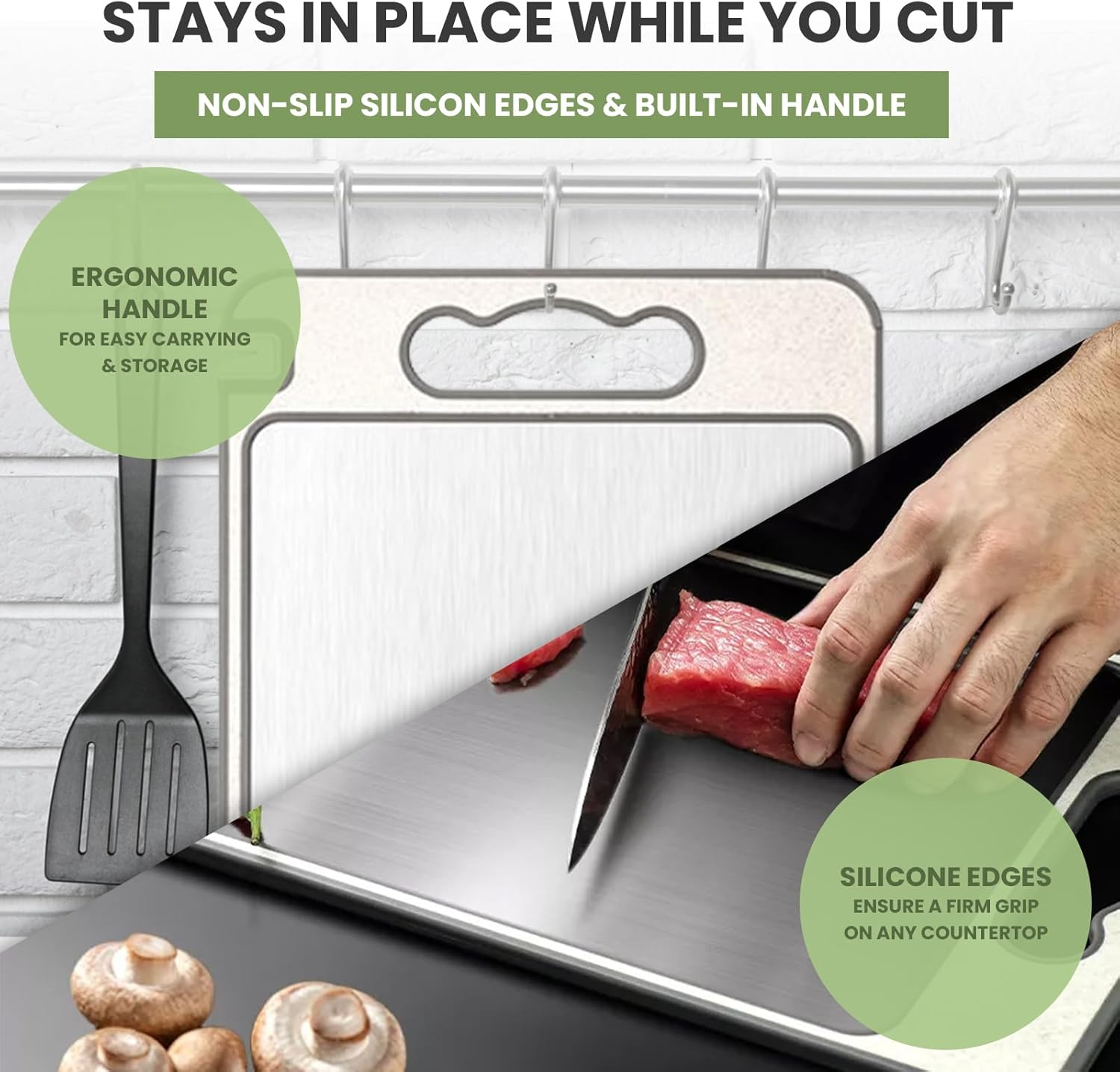 MYLB Double-Sided Chopping Board for Kitchen 304 Stainless Steel Wheat Straw PP Practical Size 36.5Cm X 25Cm, Non-Slip Edges, Deep Juice Groove, Bpa-Free, Easy to Clean, Perfect for Everyday Use image number 6