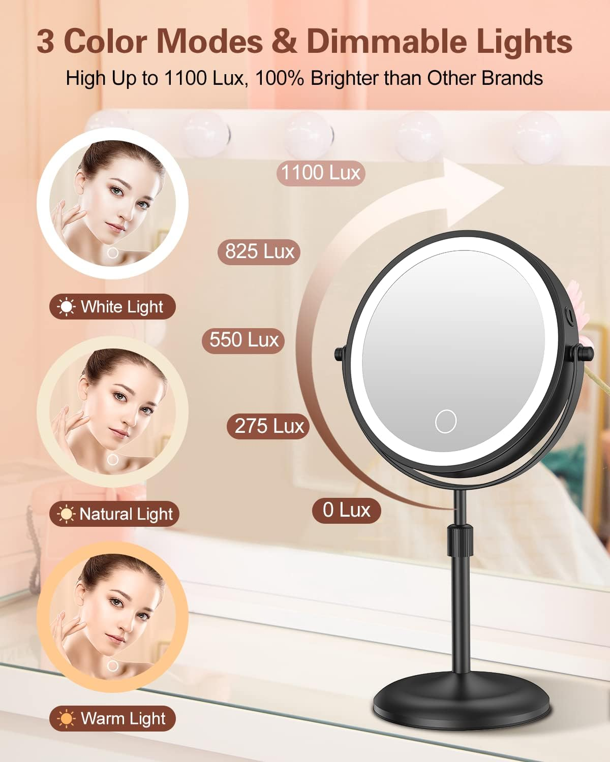 Benbilry Lighted Makeup Mirror with Adjustable Stand, [3 Color Dimmable Lights & 1X/10X Magnification & Type-C Rechargeable] 7" Double Sided Vanity Mirror, 360&deg; Swivel Cordless Standing Mirror Black
