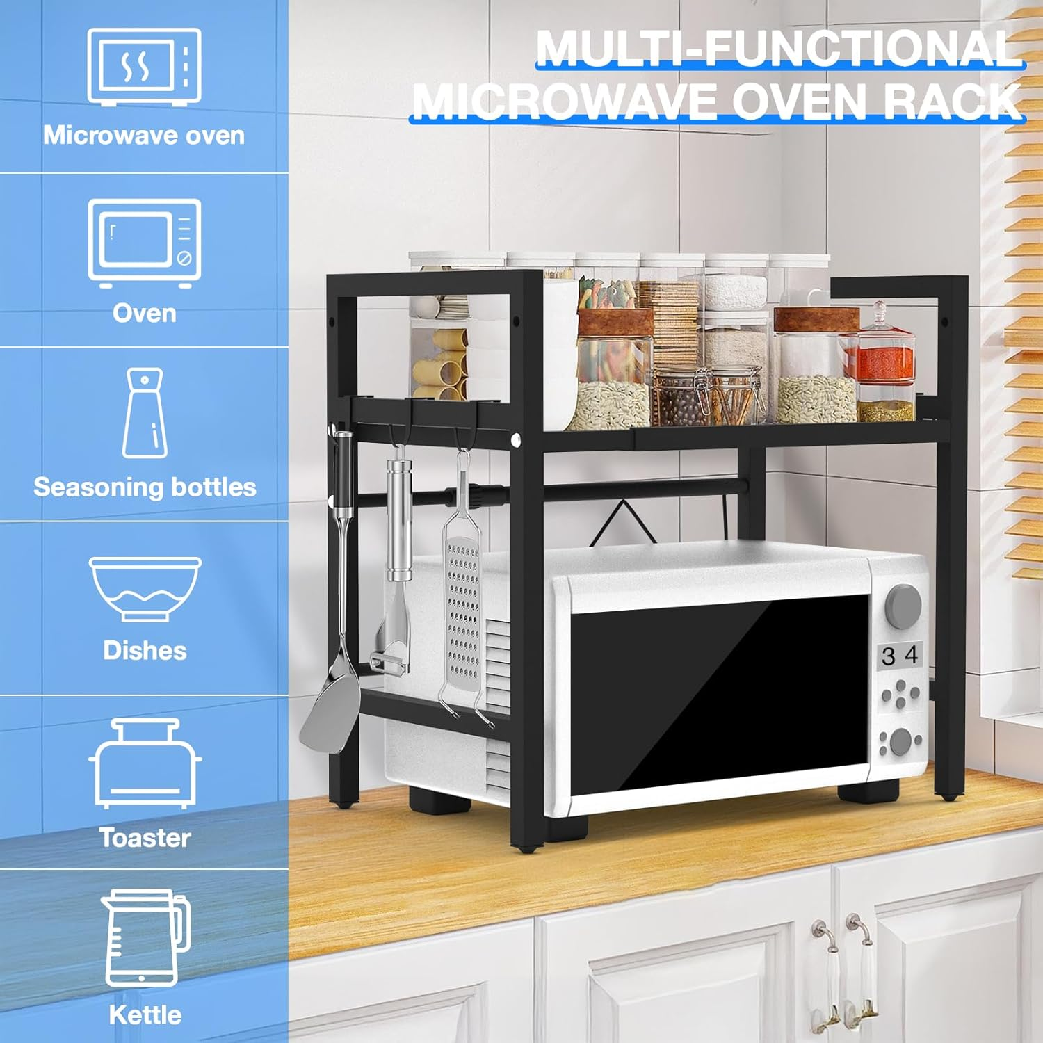 DULCE DOM Expandable Microwave Shelf, 2-Tier Adjustable Microwave Oven Rack, Space Saving Kitchen Counter Shelf for Kitchen Organizers and Storage, 45 KG Load Bearing, with 6 Hooks (2 Tier) image number 4