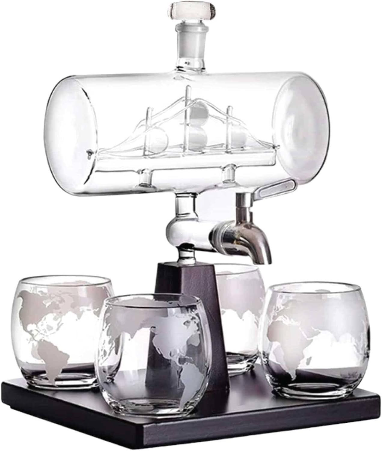 1L Whiskey or Wine Sailboat Glass Decanter Set - 4X Globe Glasses + Wooden Stand image number 3