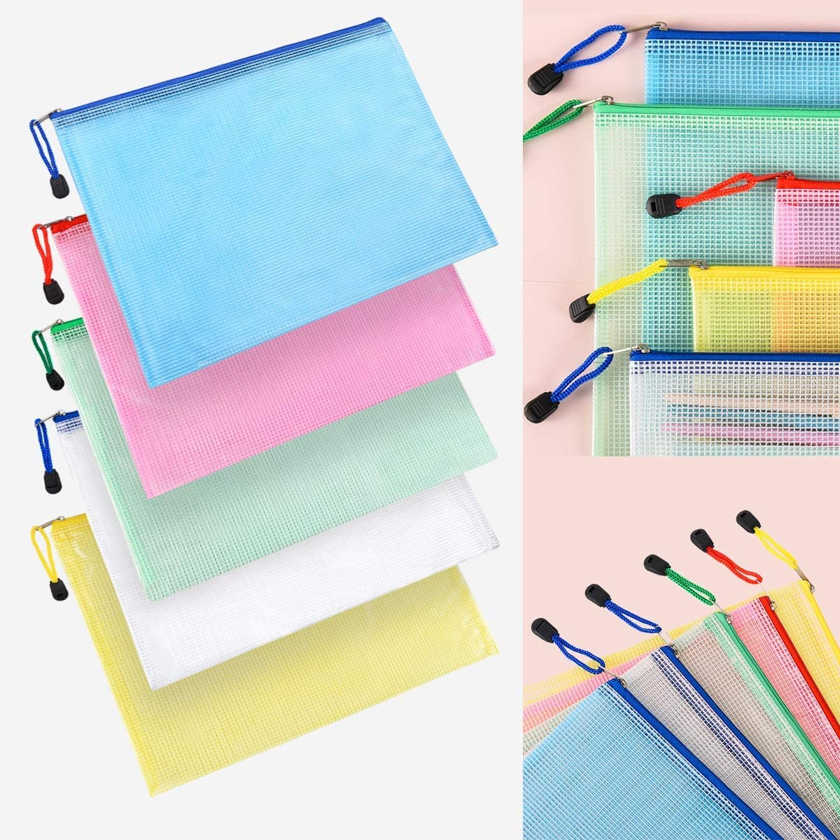Zip File Folders, Pyhot 10Pcs A4 Size Mesh Document File Bags Storage Pouch with Zipper for Cosmetics Offices Supplies Travel Accessories, 5 Colors image number 5