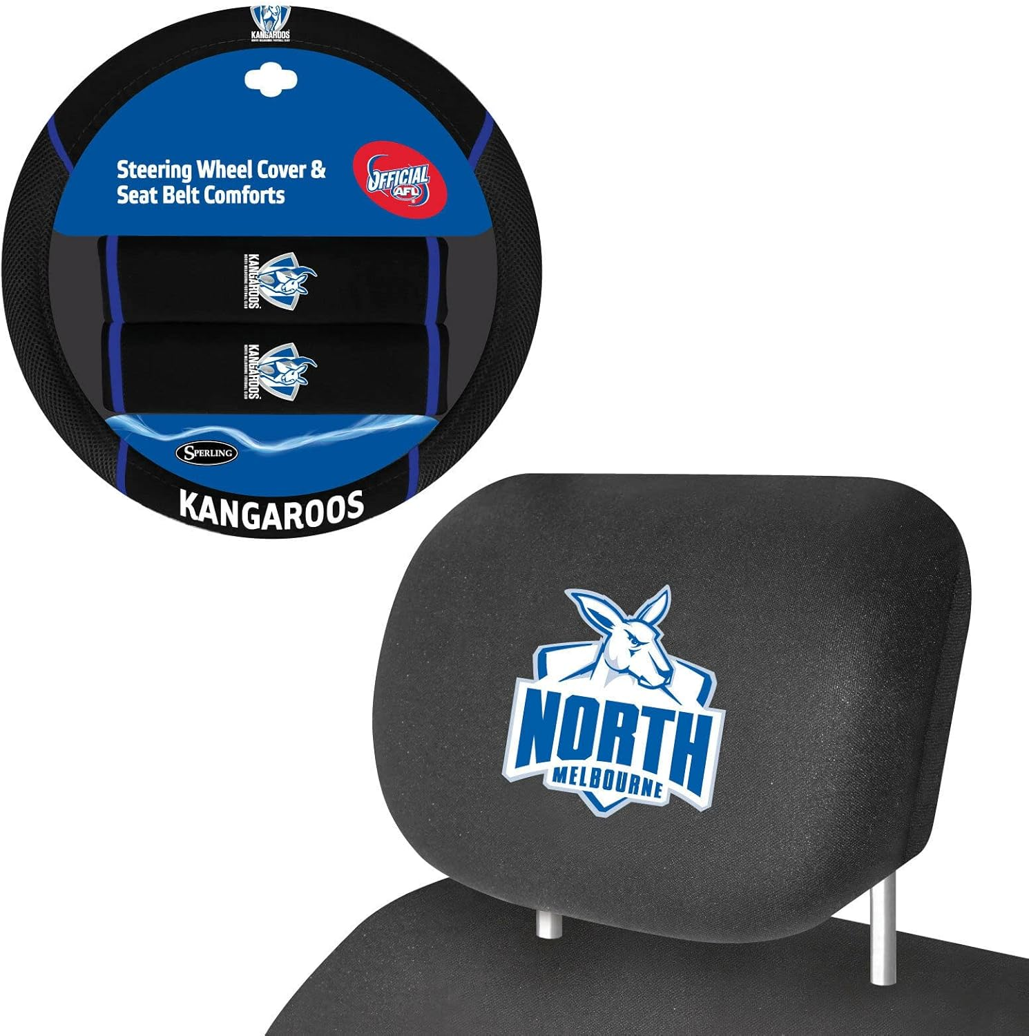 Sperling North Melbourne Kangaroos Official AFL Steering Wheel Cover and Headrest Covers