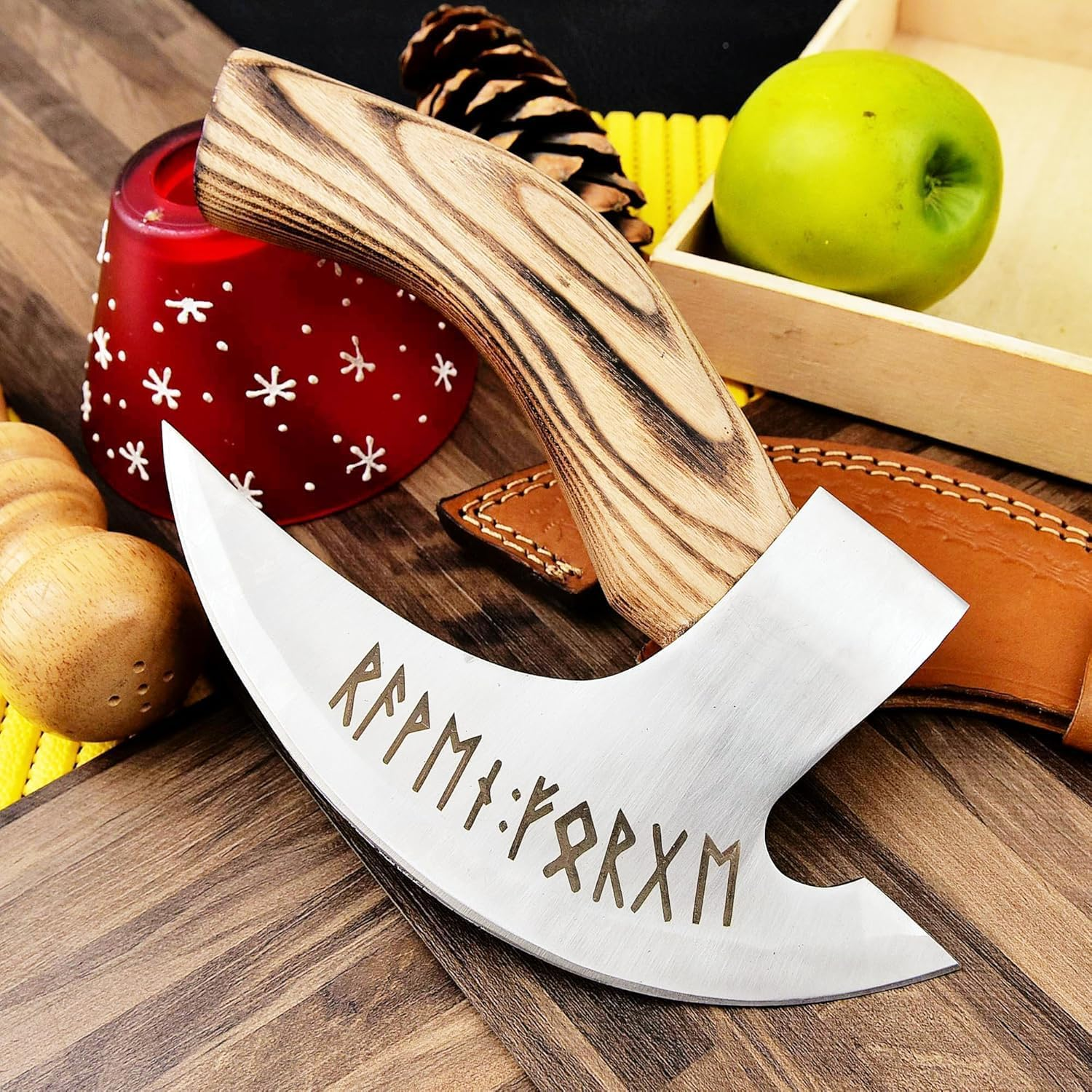 Viking Pizza Cutter Cutting Axe Hatchet- for Camping. Home with Premium Leather Sheath- (HANDMADE PC-3)