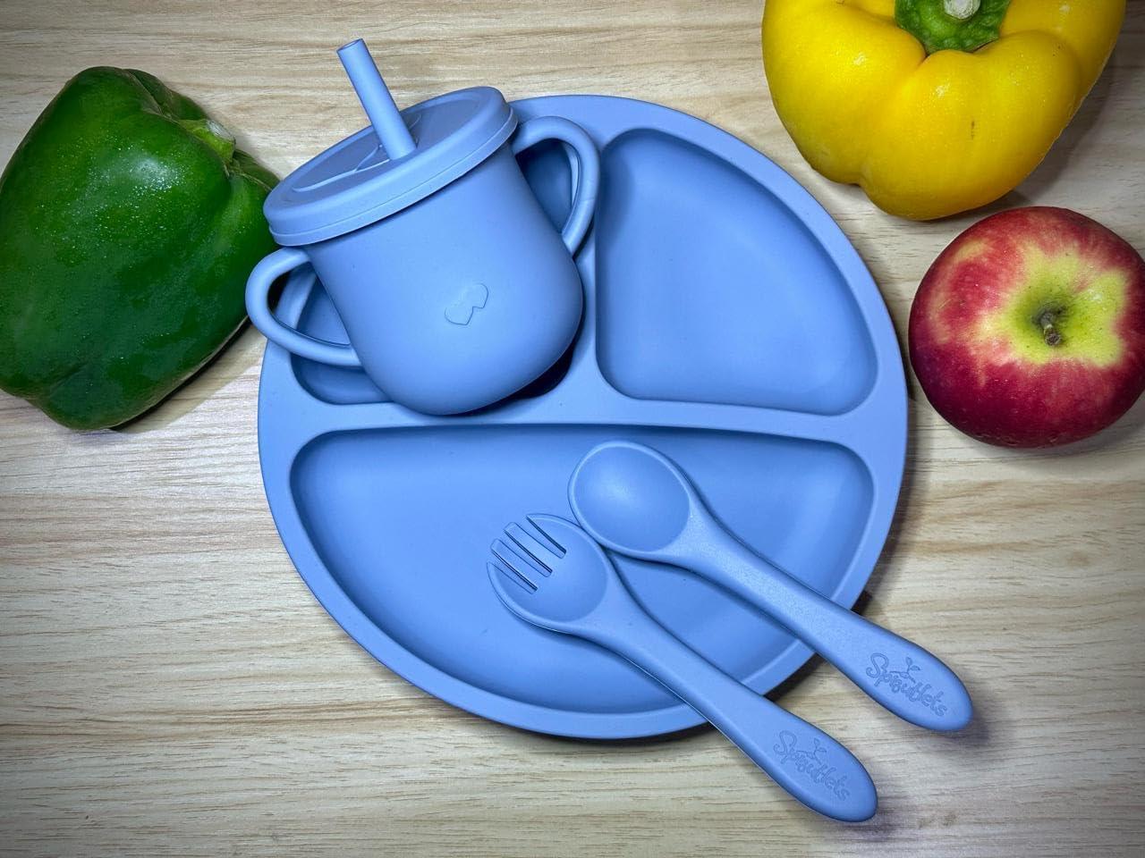 4 Pcs Silicone Feeding Set - Plate, Cup, Spoon, and Fork - Baby Feeding Essentials - Blue image number 6