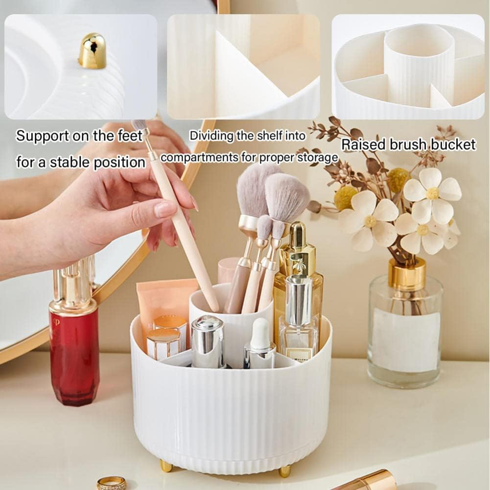 Yharnamite Makeup Brush Holder Organizer, 360&deg; Rotating Cosmetic Organizer, 5 Slot Make up Brushes Cup for Vanity Decor, Bathroom Countertops, Desk Storage Container, Cosmetic Display Cases (White) image number 1