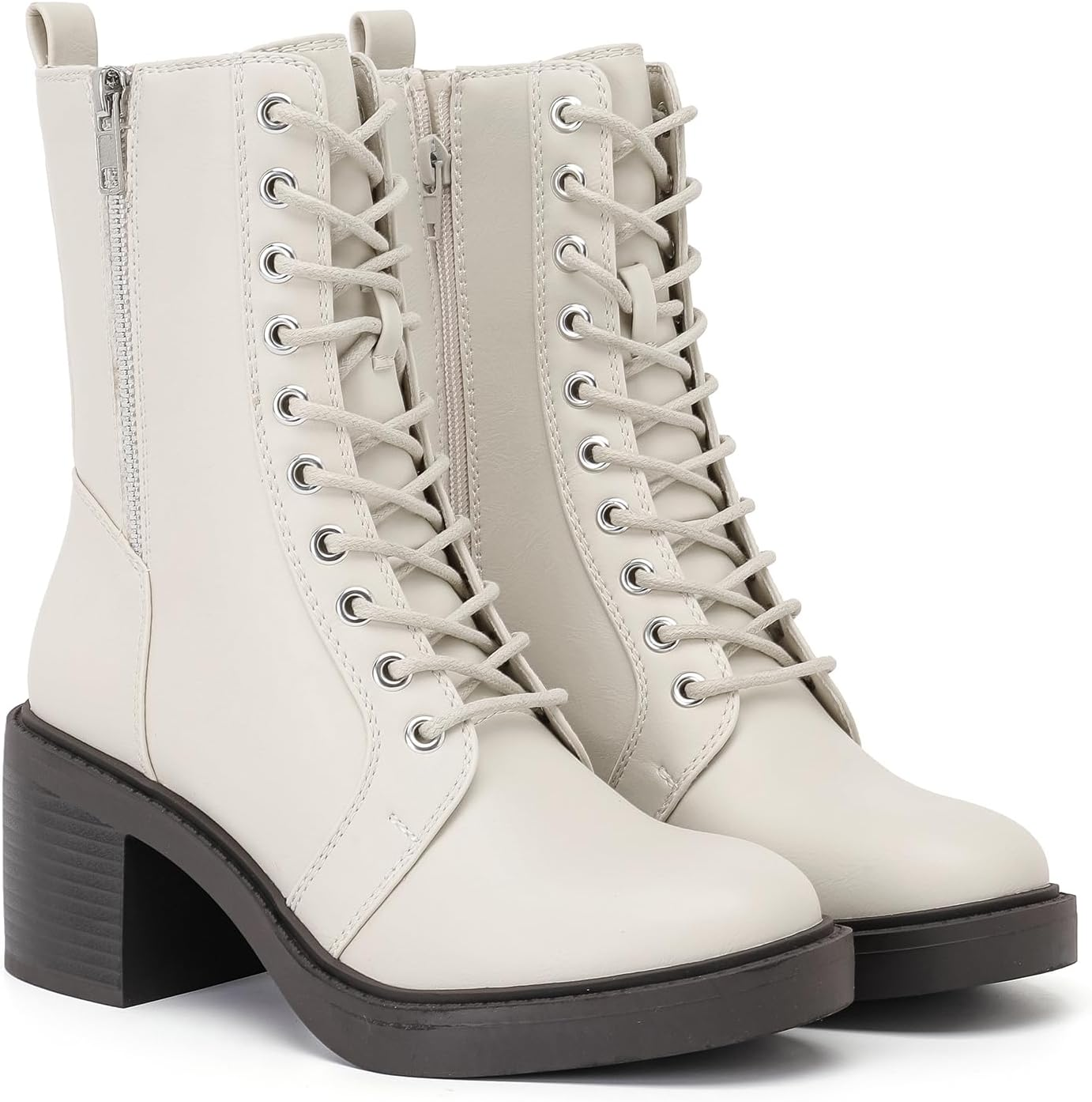 Ruiee Women'S Ankle Boots, Mid Calf Chunky Block Heel and Comfortable round Toe Lace up Fashion Combat Fall Winter Booties for Women. image number 3