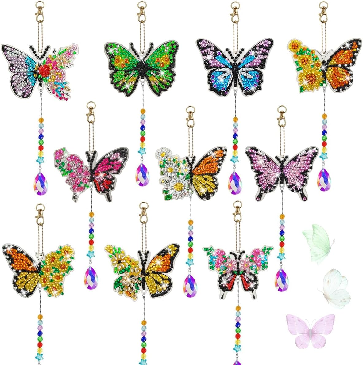 10 Set Butterfly Diamond Art Painting Wind Chimes, Finegood 5D Diamond Art Crystal Suncatcher Kits Double Sided Hanging Sun Catchers for Windows Garden Home Decor
