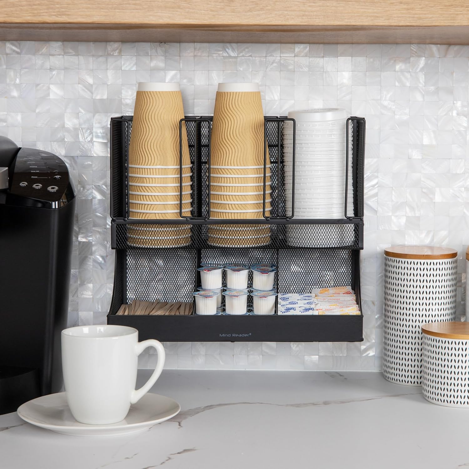 Mind Reader Cup and Condiment Station, Countertop Organizer, Coffee Bar, Kitchen, Metal Mesh, 13" L X 6.45" W X 11.25" H, Black image number 6
