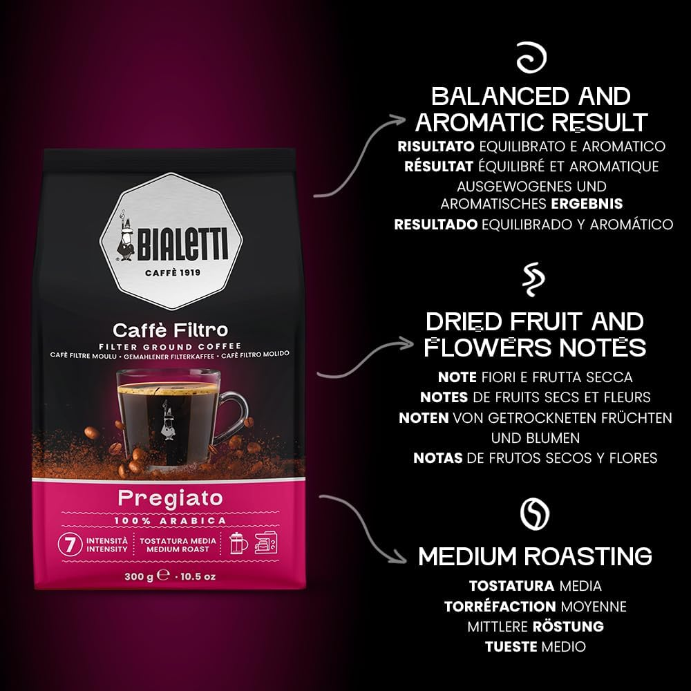 Bialetti - Caffe Filtro Ground Coffee for Coffee Press, 100% Arabica Blend, Medium Roast, Intensity 7, 300G, Bag with Flavour-Saving Valve image number 5