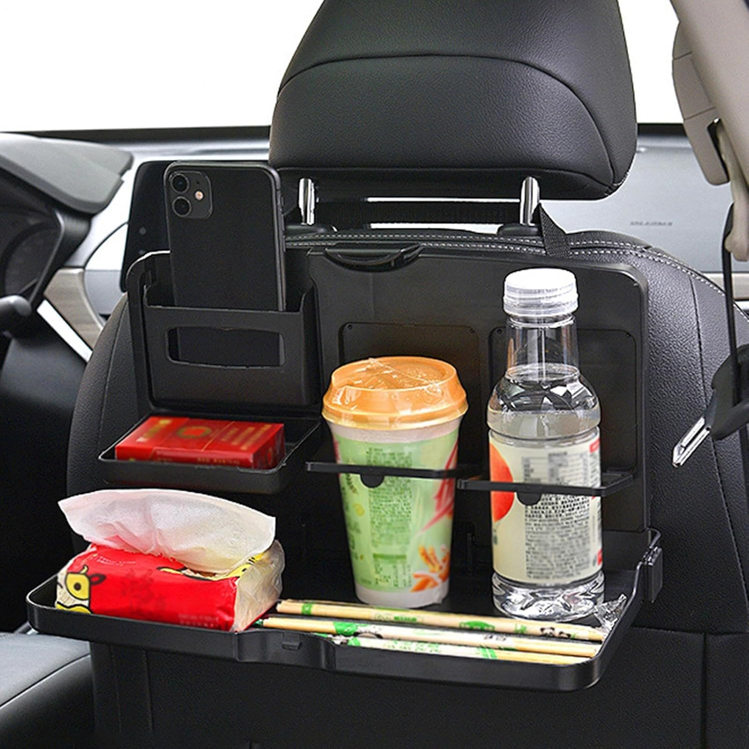 Car Backseat Organizer with Fold down Tray Table, Strong Adjustable Dining Surfaces Device Holder Snack Station Compact Storage Pockets Clutter Control, Road Trip Travel Use for Passengers and Kids image number 2