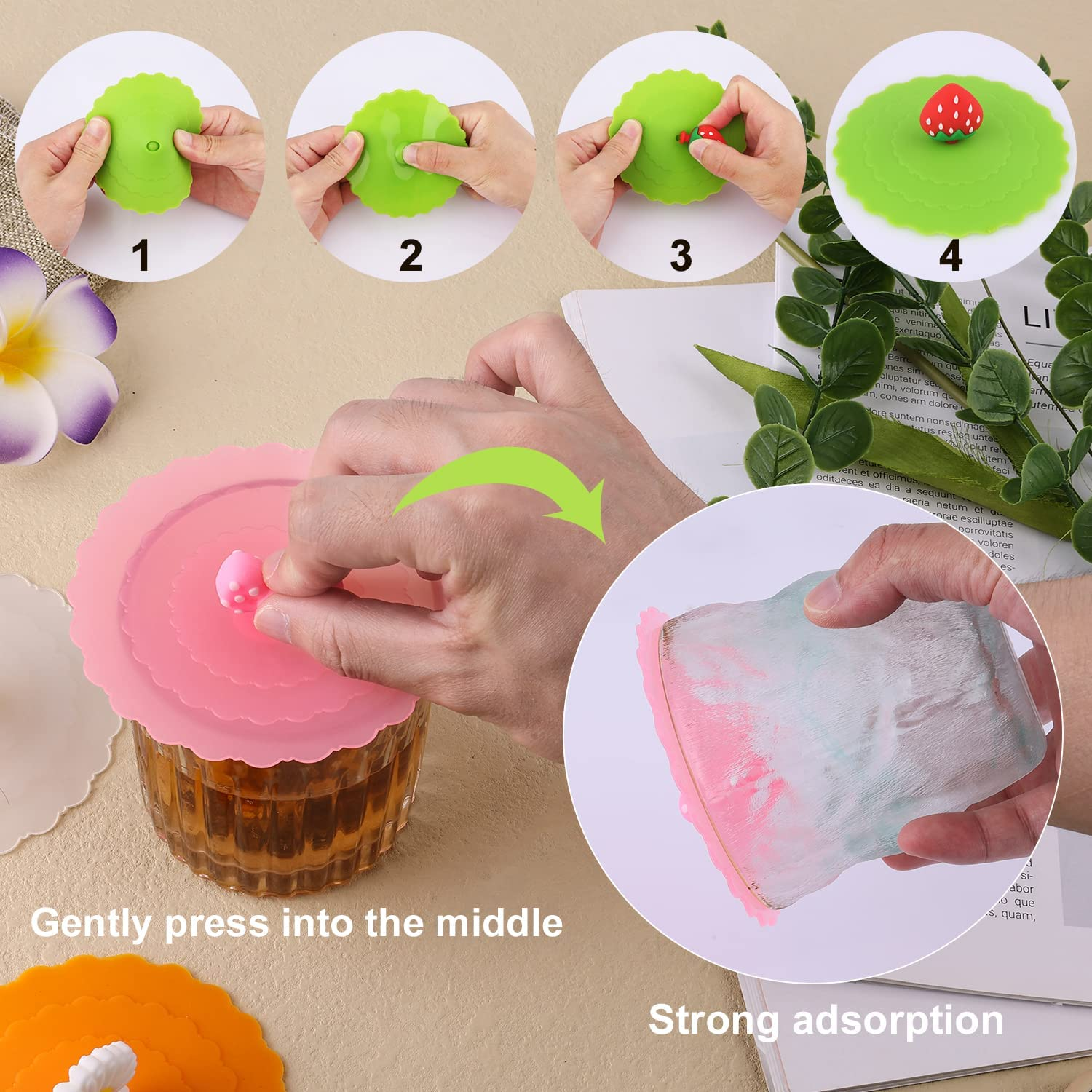 KINBOM 8Pcs Silicone Cup Lids, Colorful Anti-Dust Mug Cover - Cute Reusable Lids for Cups, Mugs, Beer Glasses - 8 Styles image number 6