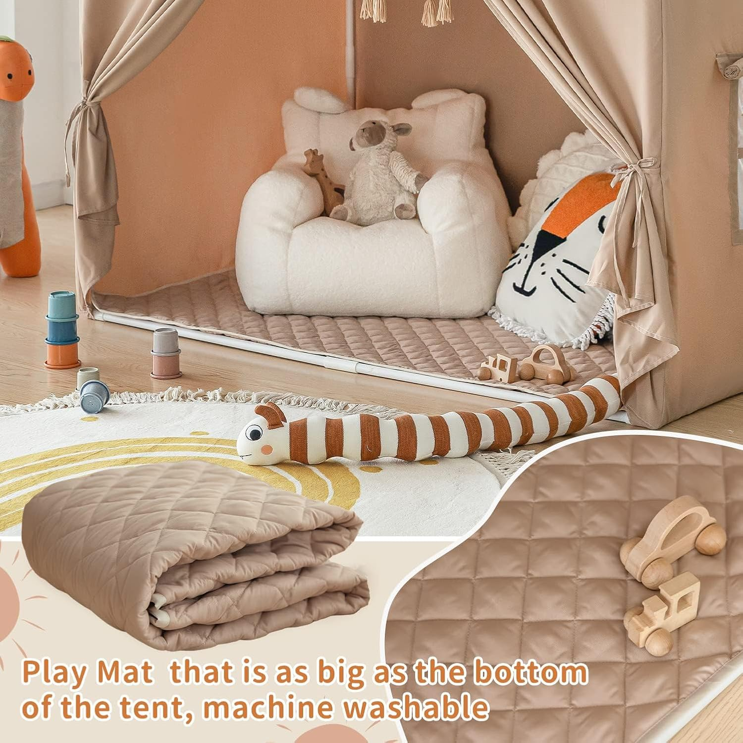 Kids Play Tent with Mat, Large Play Tent Indoor with Star Lights and Windows, Playhouse for Boys and Girls Aged 3+, Kid Tent with Mat Washable (Beige) - Beige image number 2