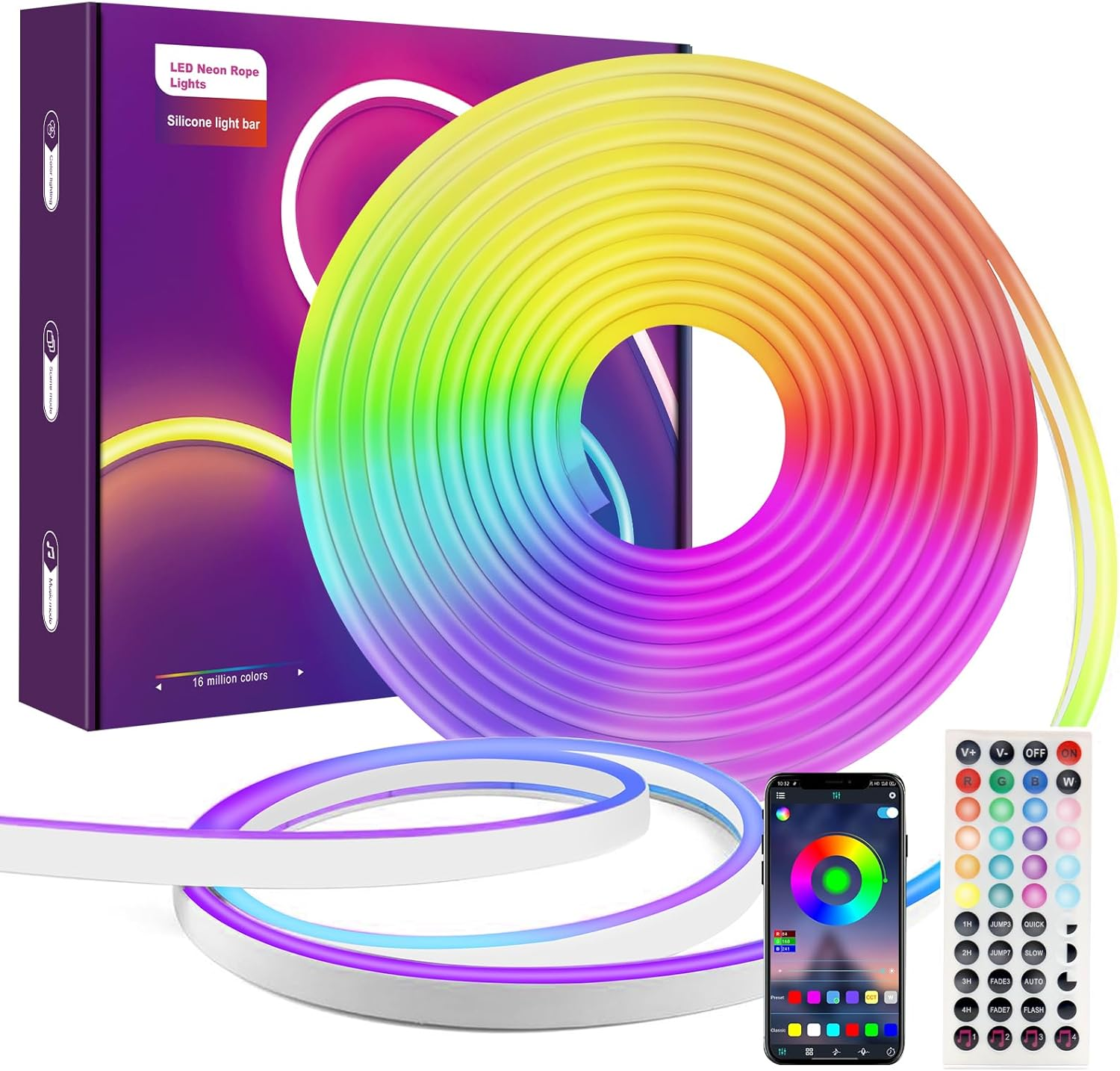 5M Bluetooth Neon LED Strips Lights Waterproof,Aled LIGHT 24V RGB Flexible Neon Rope Lighting Kit Music Sync Adjustable Brightness Modes Timer with App&44-Key Remote Control for DIY Home Decor image number 1