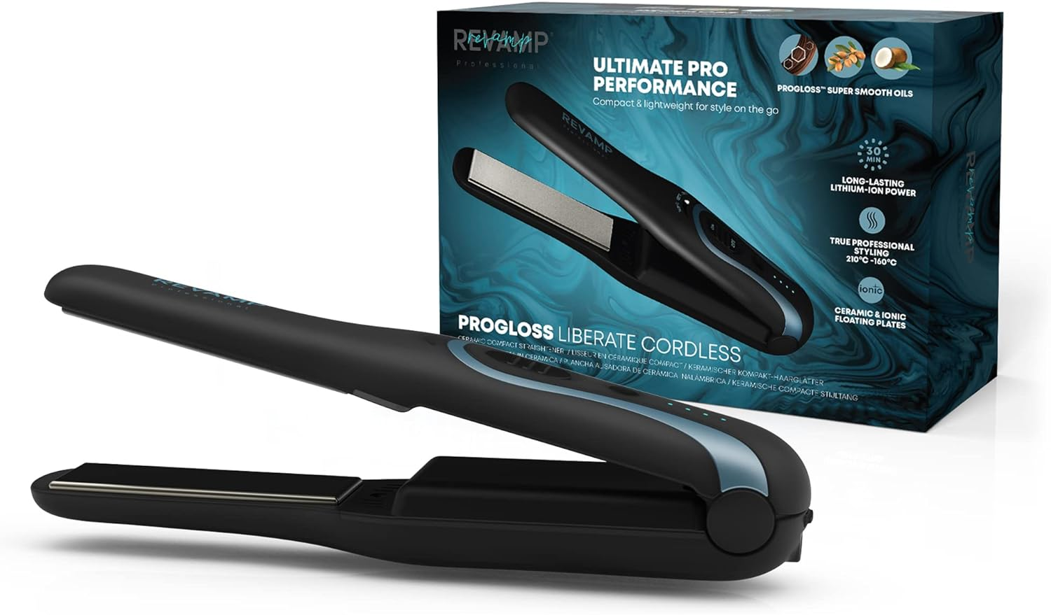 Revamp Cordless Progloss Liberate Shine Hair Straighteners, Compact Ceramic Straighteners with Lithium-Ion Technology for Frizz-Free Hair, Enriched with Progloss Smooth Keratin, Argan and Coconut Oil
