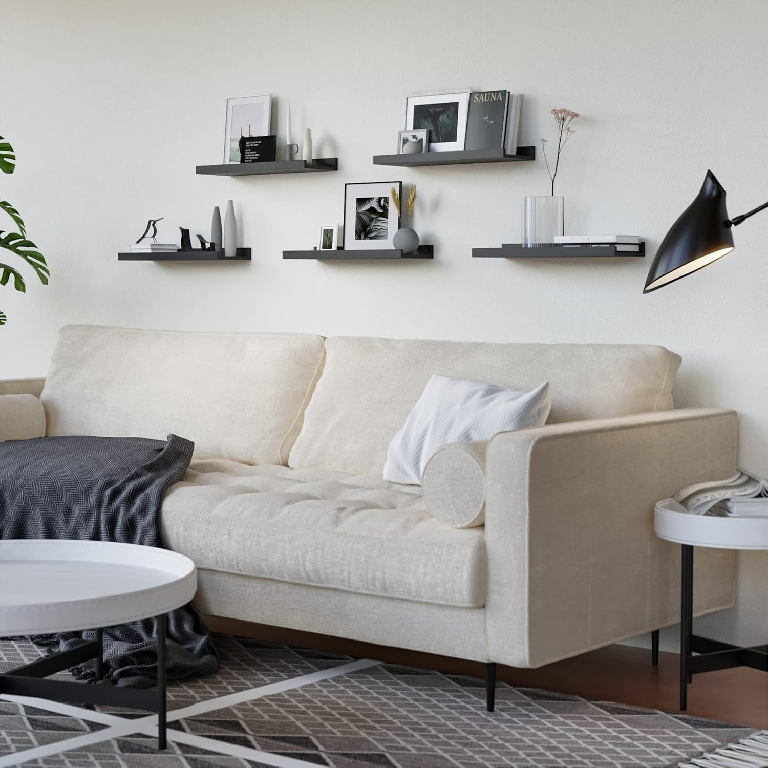 5 Set White Floating Shelves, XICEN Wall Mounted Shelves for Wall Decor, Modern Picture Ledge Shelf with Lip for Wall Storage Nursery, Bedroom, Living Room, Bathroom (Black) - Black image number 6