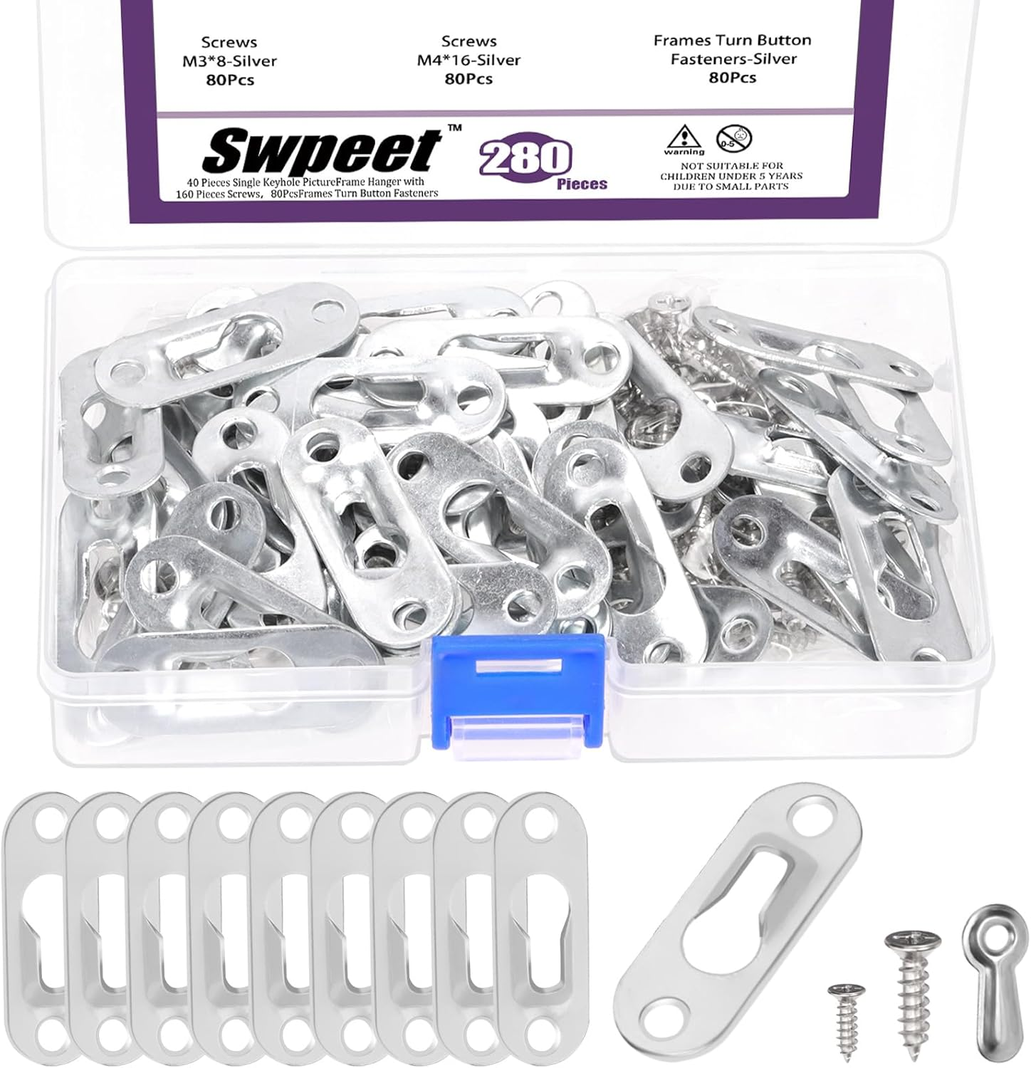 Swpeet 280Pcs 45 X 16Mm Black Carbon Steel Single Keyhole Hangers with Screws and Picture Frame Turn Button Fasteners Assortment Kit, Keyhole Hanging Plate Picture Hanger for Frame, Key, Photo