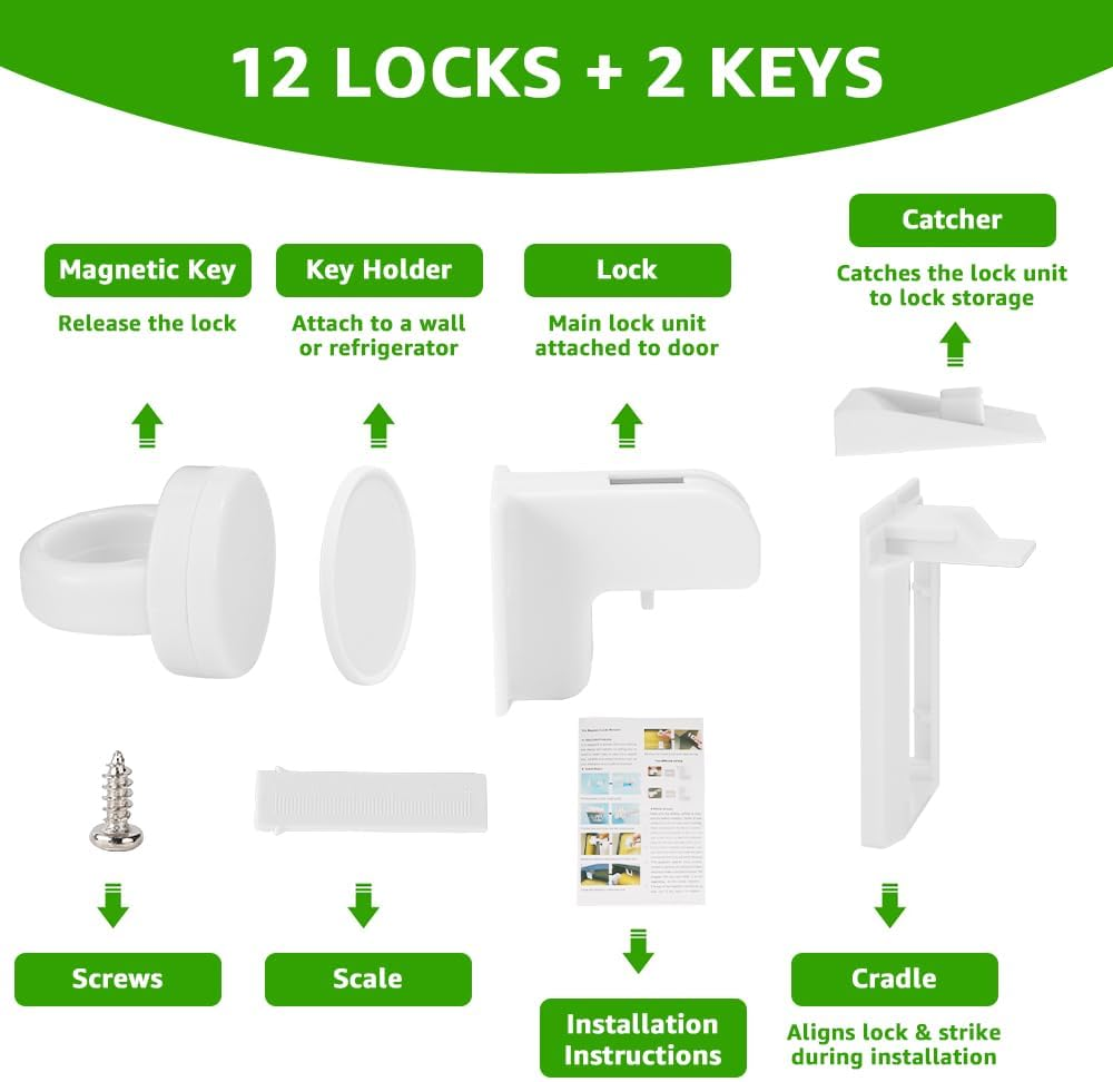 AUTOWT 12 Pack Magnetic Cabinet Locks for Kids - Child Safety Latches - Baby Proofing Cabinets and Drawer Locks for Kitchen Cupboard with 3M Adhesive - Easy Installation No Drilling & No Tools Required