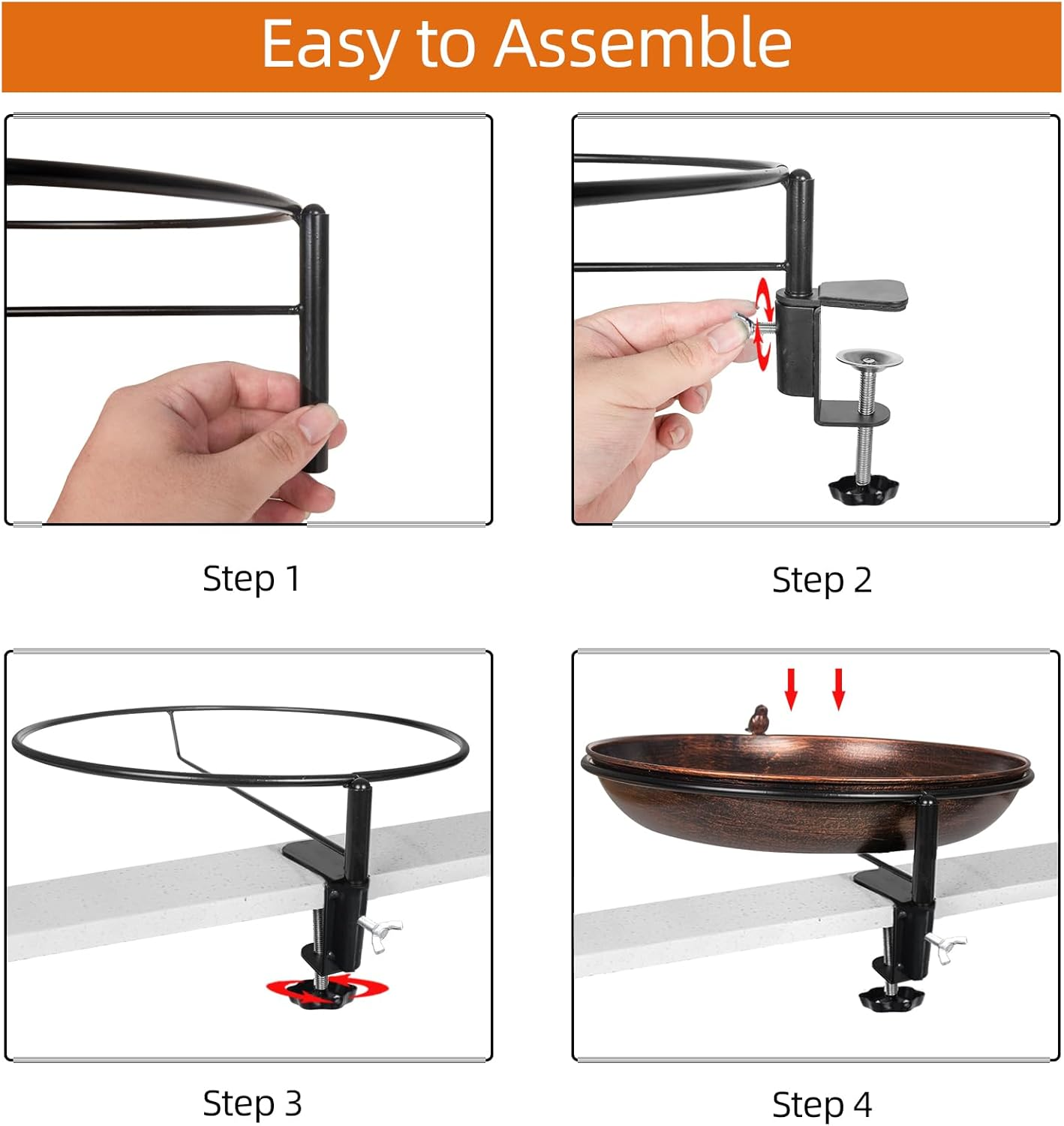 DREAMSOUL Deck Mounted Bird Bath Metal Birdbath Bowl Unheated with Lightweight Detachable, Bird Baths with Adjustable Sturdy Steel Clamp for Deck Railing Balcony Yard Outdoors Garden Decoration - A-Red Copper image number 4