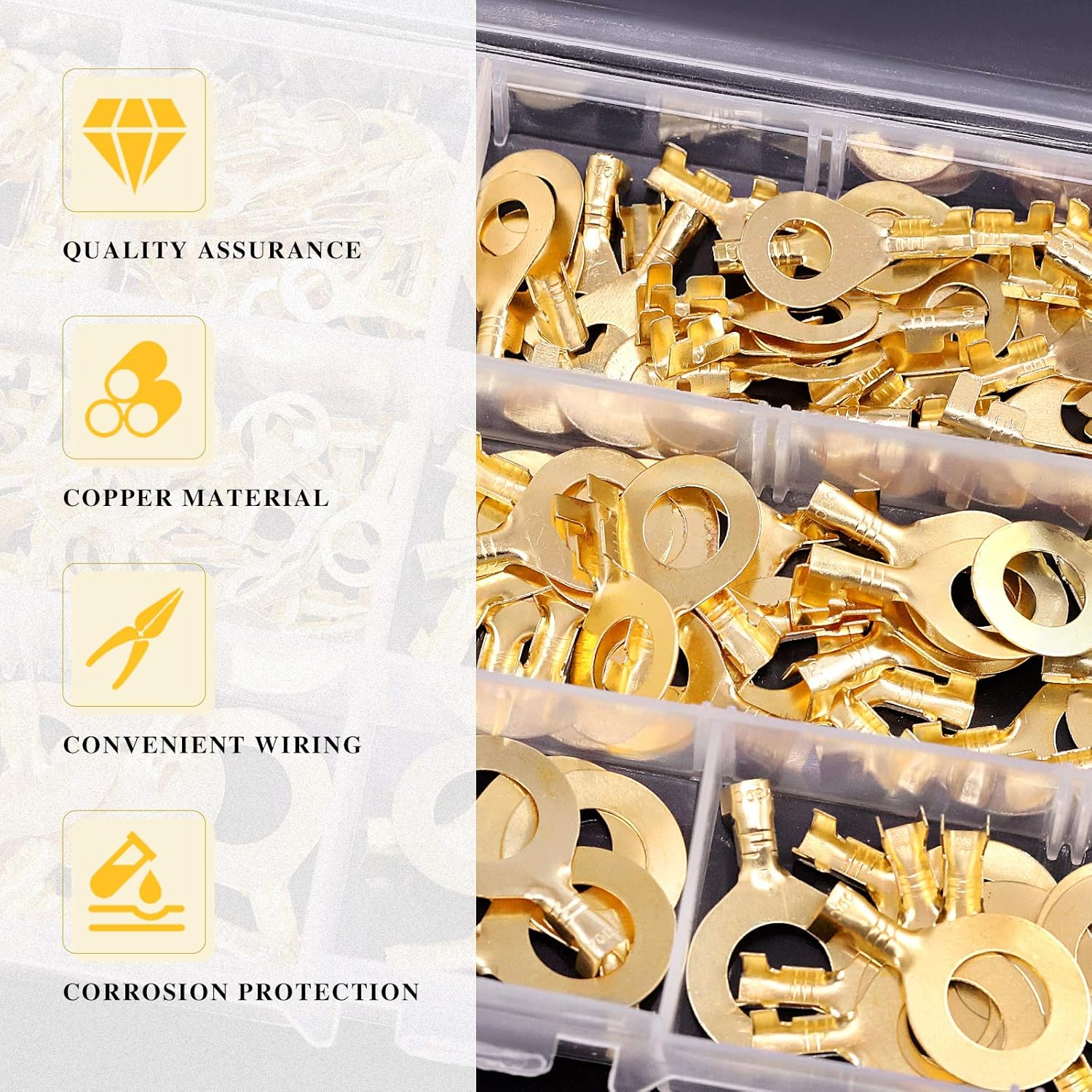 Swpeet 240Pcs Gold M3 M4 M5 M6 M8 M10 Non-Insulated Open Barrel Wire Crimp Copper Terminal Connerctor Kit, O-Type Ring Lugs Crimp Cable Terminal for Crimp Solid Wires or Stranded Wires