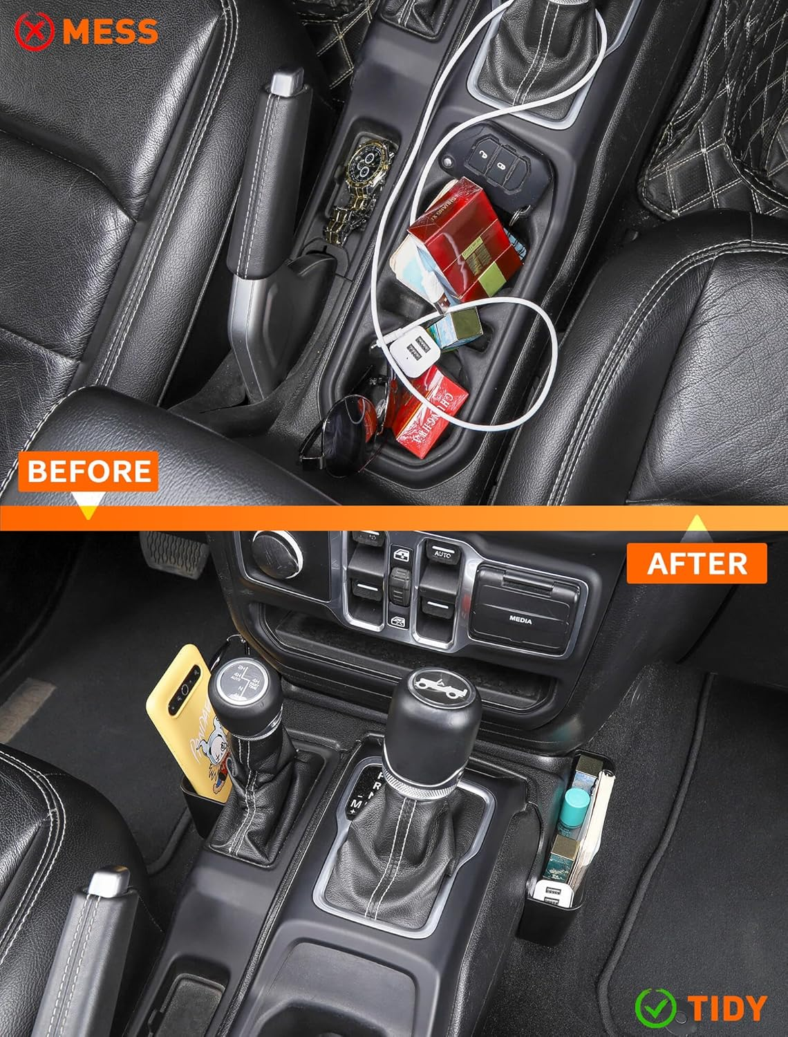 Savadicar GT-2 Shifter Storage Box, Gear Shift Side Tray, Center Console Organizer Compatible with 2018-2025 Jeep Wrangler JL JLU 4XE & Gladiator JT, Interior Storage Accessories, Black, 1 PC image number 1