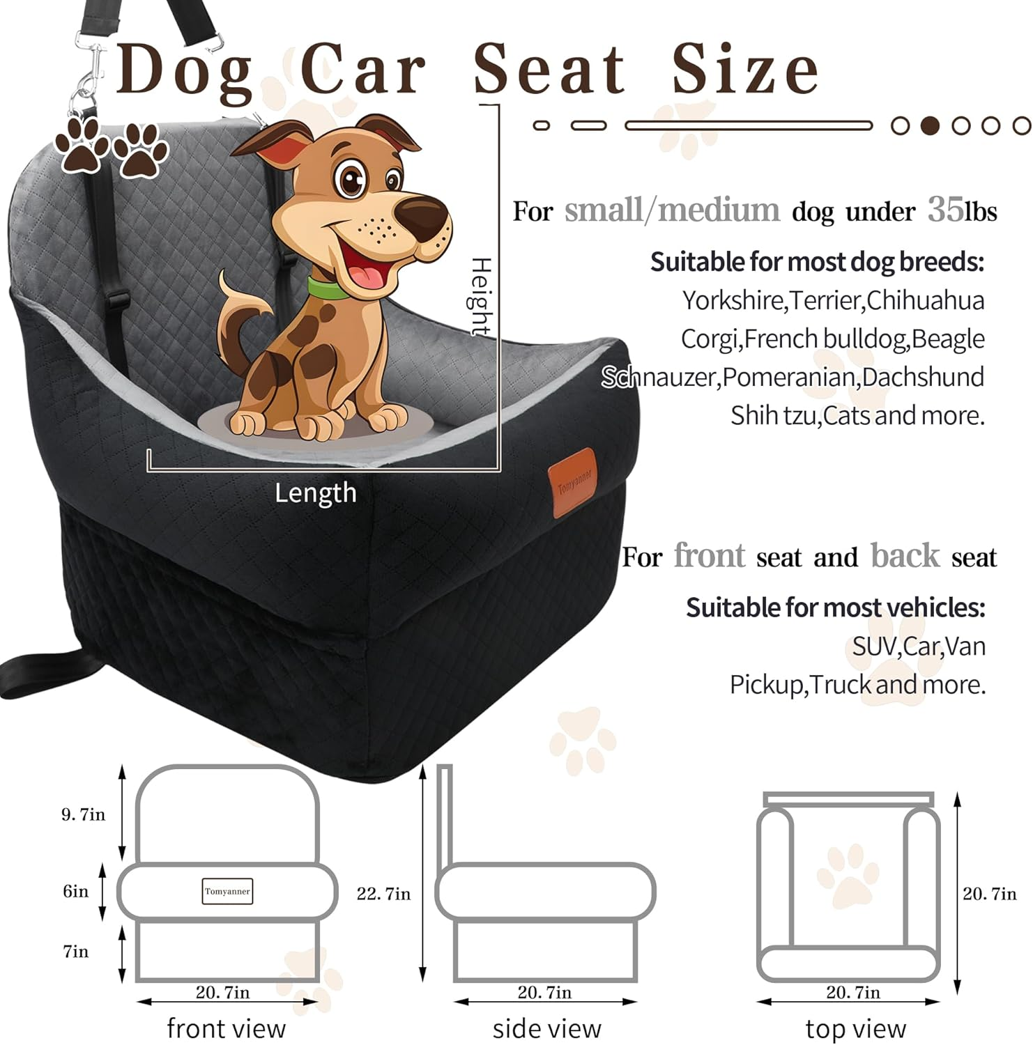 Dog Booster Car Seat for Small/Medium Dogs up to 35 Lbs,Interior 7 Inches Elevated Pet Booster Seat,Ultra Soft Fabric and Memory Foam Car Dog Bed,Safety,Comfy,Fully Detachable Washable(H-Black/Grey) image number 6