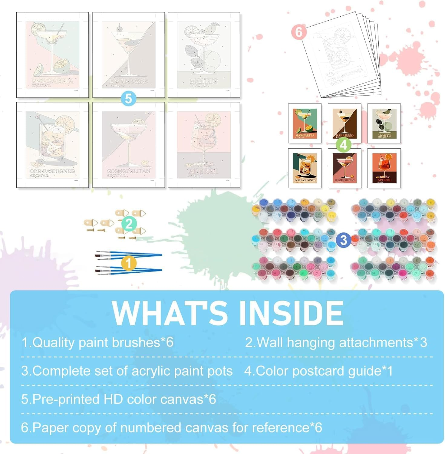 6 Pack Paint by Numbers Kit for Adults Beginners, 8X10 Inch Cocktail Adult Paint by Number Kits on Canvas, Cocktail DIY Acrylic Oil Number Painting Kits for Adults, Perfect for Gift Home Decor image number 1