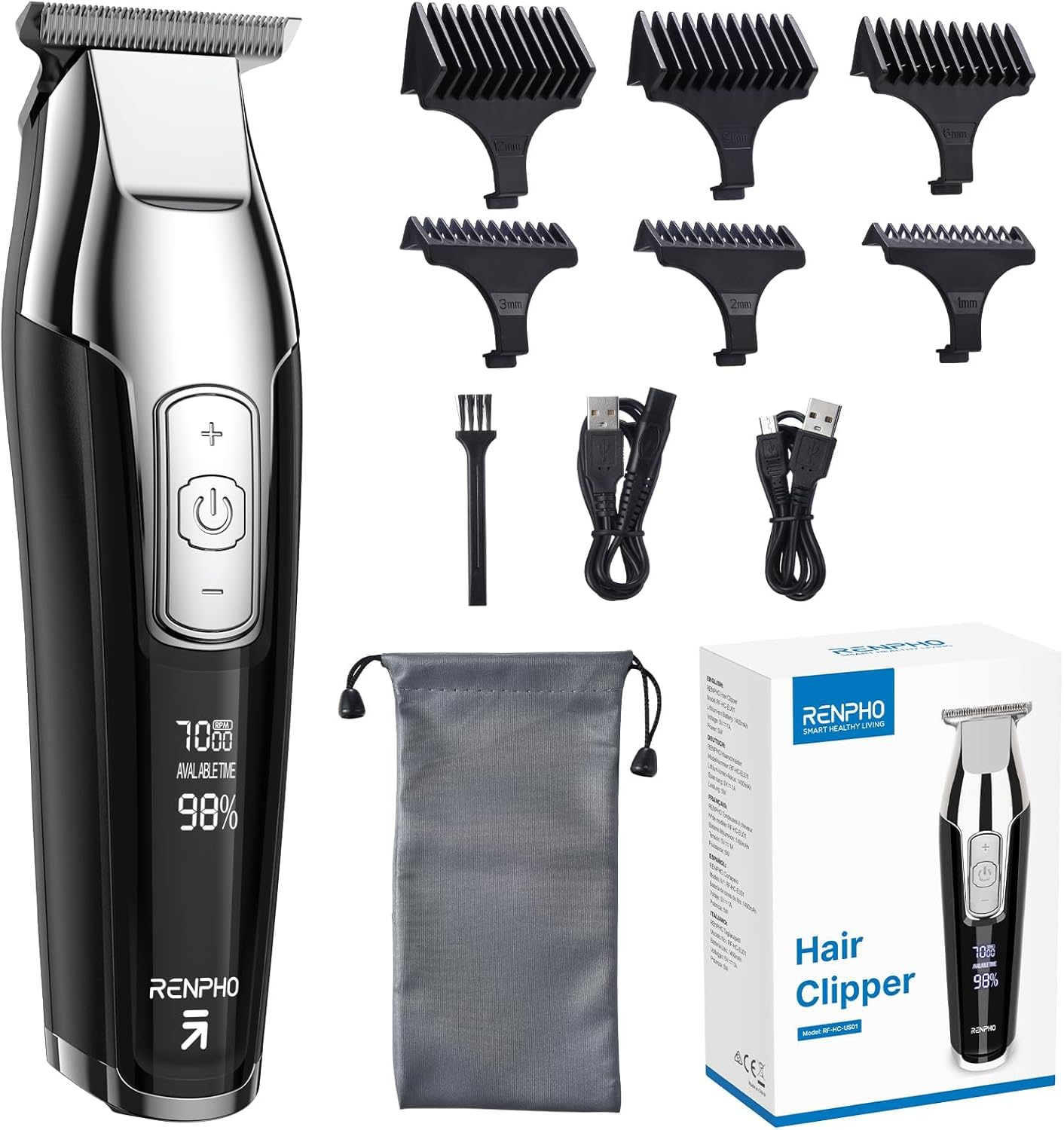 RENPHO Hair Clippers, 4-Speed Beard Trimmer Men Professional Hair Cutting Kit, LED Display Cordless Hair Trimmer 0.2Mm for Men & Kids, T-Blade Detailer Trimmer for Worldwide Travel image number 4