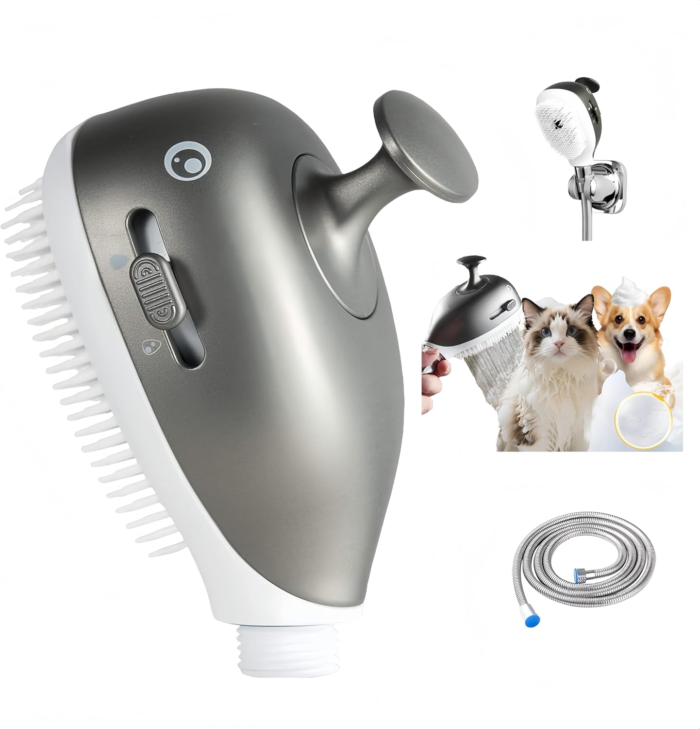 Dog Shower & Grooming Supplies - 2-In-1 Sprayer Brush with Built-In Soap Dispenser, Shower Attachment for All Pets Indoor,Outdoor Use (Grey) image number 3