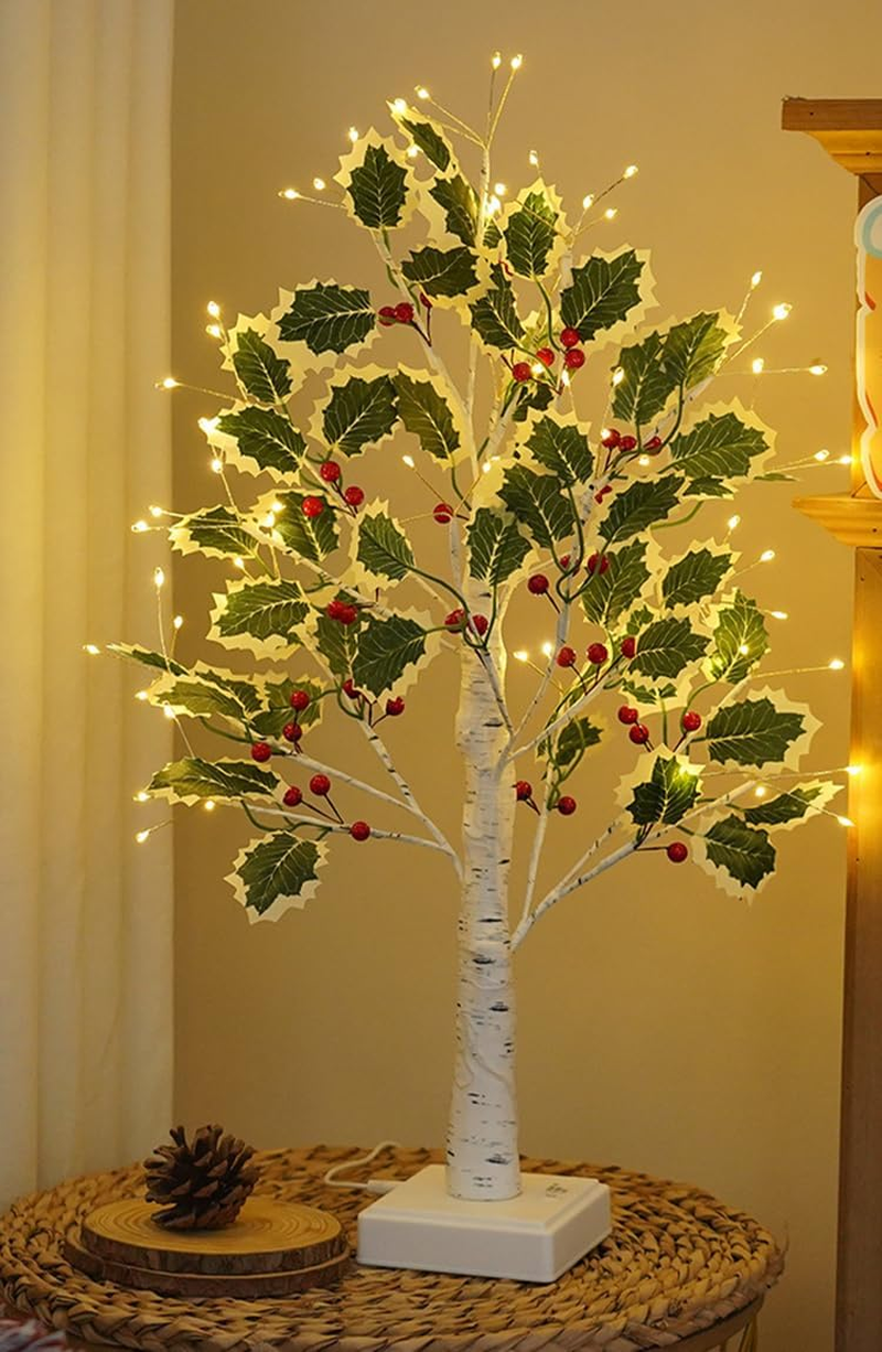2FT Fairy Lights Birch Tree 72 LED Tree Lamp with Timer for Easter Christmas Decorations Light Spirit USB or Battery Powered Branch Lighted Trees Indoor Outdoor (72 LED, Green Tree with Berry Decor)