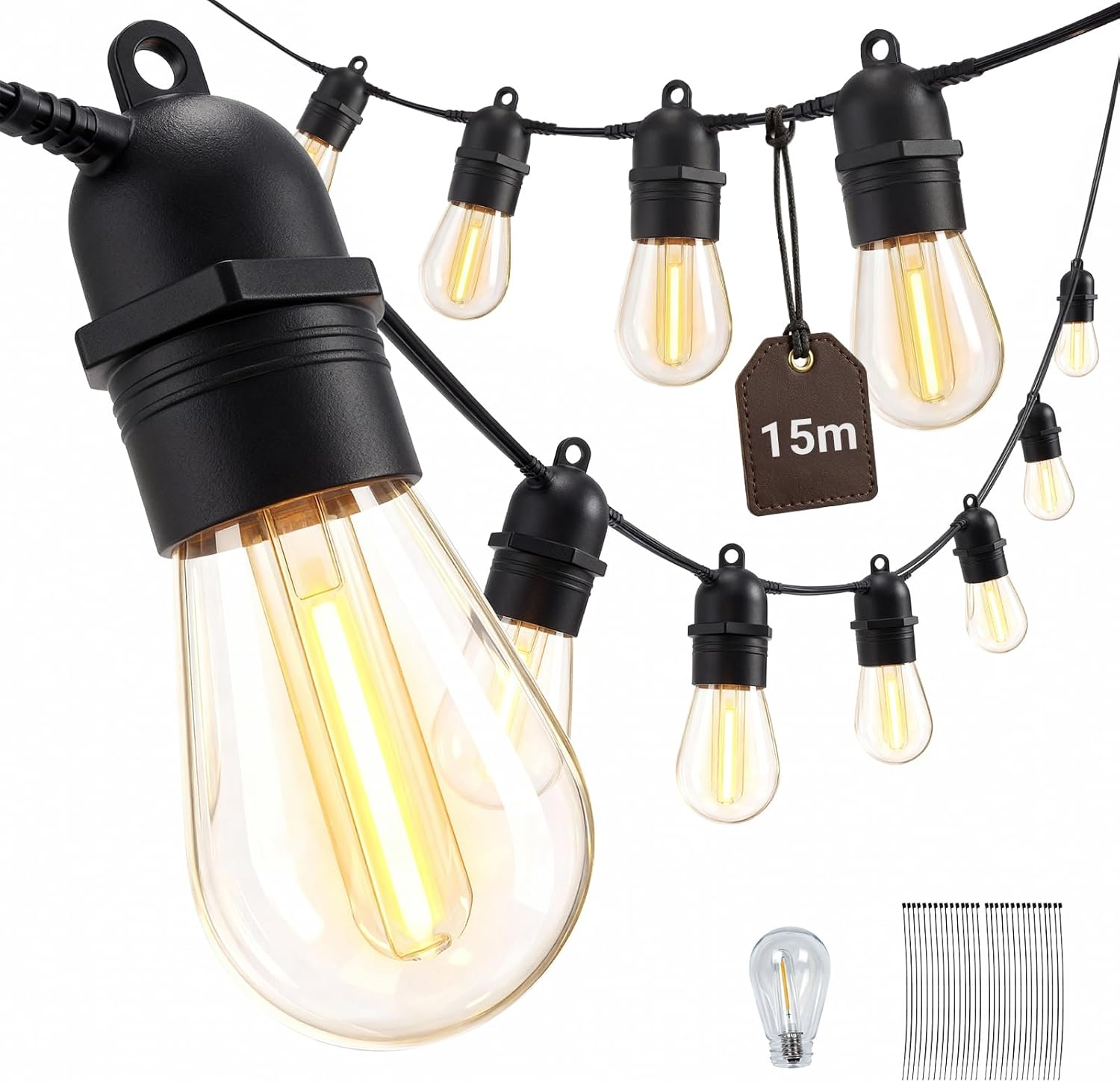 LIWEGHT Festoon Lights Outdoor, 15M 15Bulbs+1Spares LED Outdoor Lights, Christmas String Lights, IP65 Waterproof and Shatterproof Fairy Lights for Garden, Party, Camping image number 3