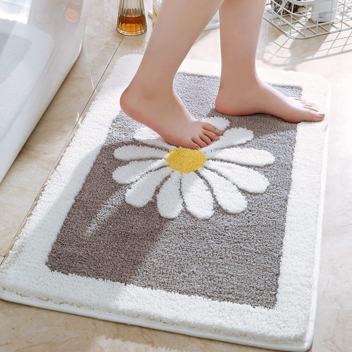 Super Absorbent Floor Mat, Bath Mat Rug Rubber Non Slip Quick Dry Super Absorbent Thin Bathroom Rugs Fit Washable Bathroom Floor for in Front of Bathtub,Sink (50 * 80Cm, Floral) image number 4
