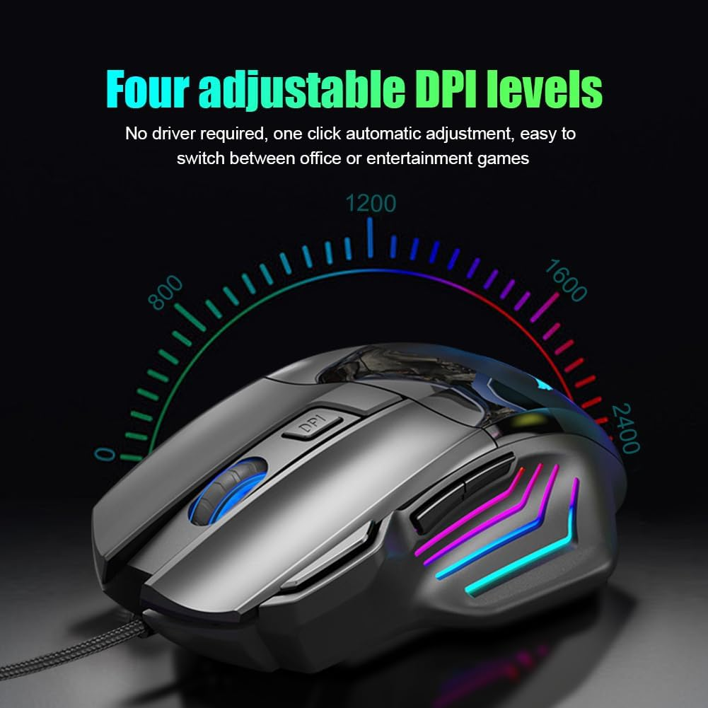 Gaming Mouse, Quiet Wired Mouse, RGB Backlight and 2400 Adjustable DPI, Ergonomic and Lightweight USB Computer Mouse with High Precision Sensor for Windows PC & Laptop Gamers (Black) image number 6