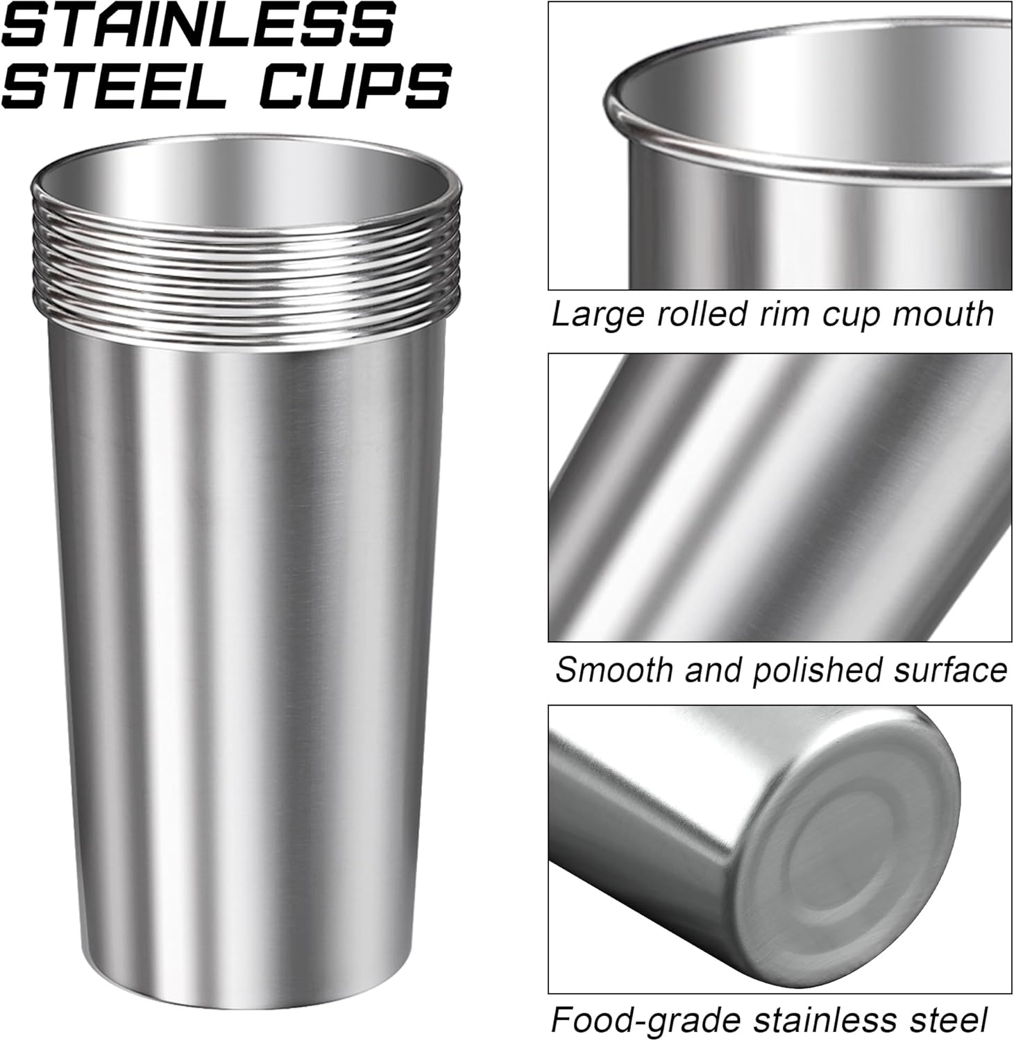 Ruisita 6 Pack 20 Oz Stainless Steel Cups Metal Shatterproof Stackable Pint Drinking Cups for Adults or Kids (20 Oz/600 Ml) image number 6