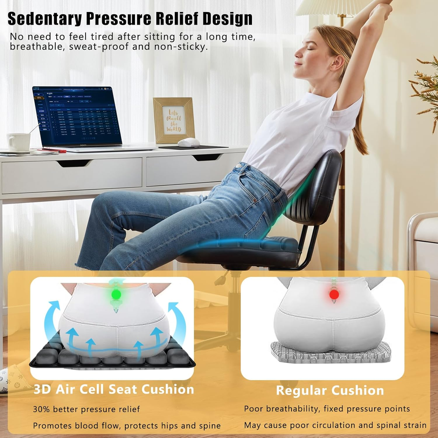 Upgraded Portable Travel Cushion, 3D Air Cell Seat Cushion, Self-Inflatable Seat Cushions, for Pressure Relief, Comfortable Travel for Airplane, Wheelchair, Car Set, Office Chair, Floor(49 Air Cells)