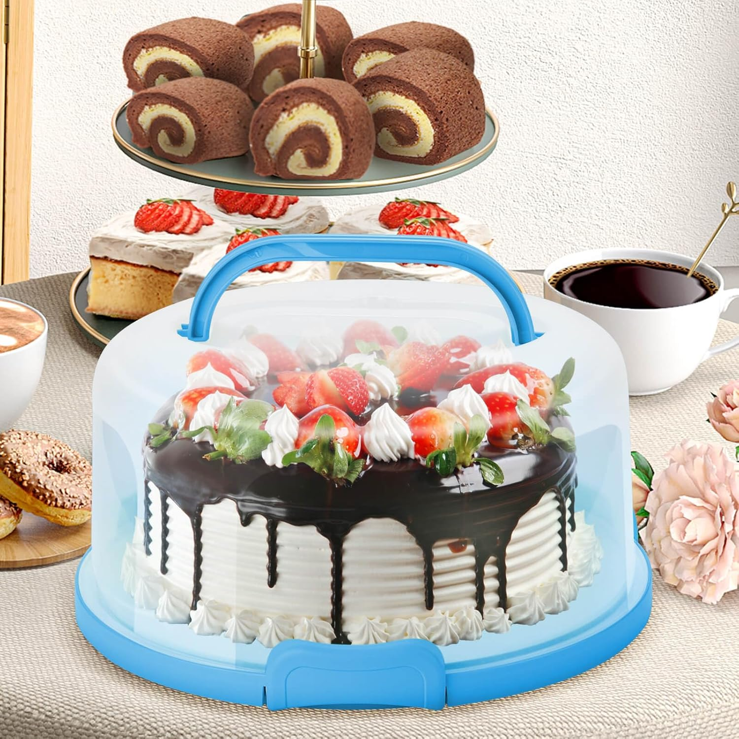 10 Inch Cake Carrier Stand round Holder Storage with Lid and Handle for Transport Storage Container Tray Cake Cover Stand Cupcake Containers Keeper Kitchen Cooking Box Large1Pack (Blue)