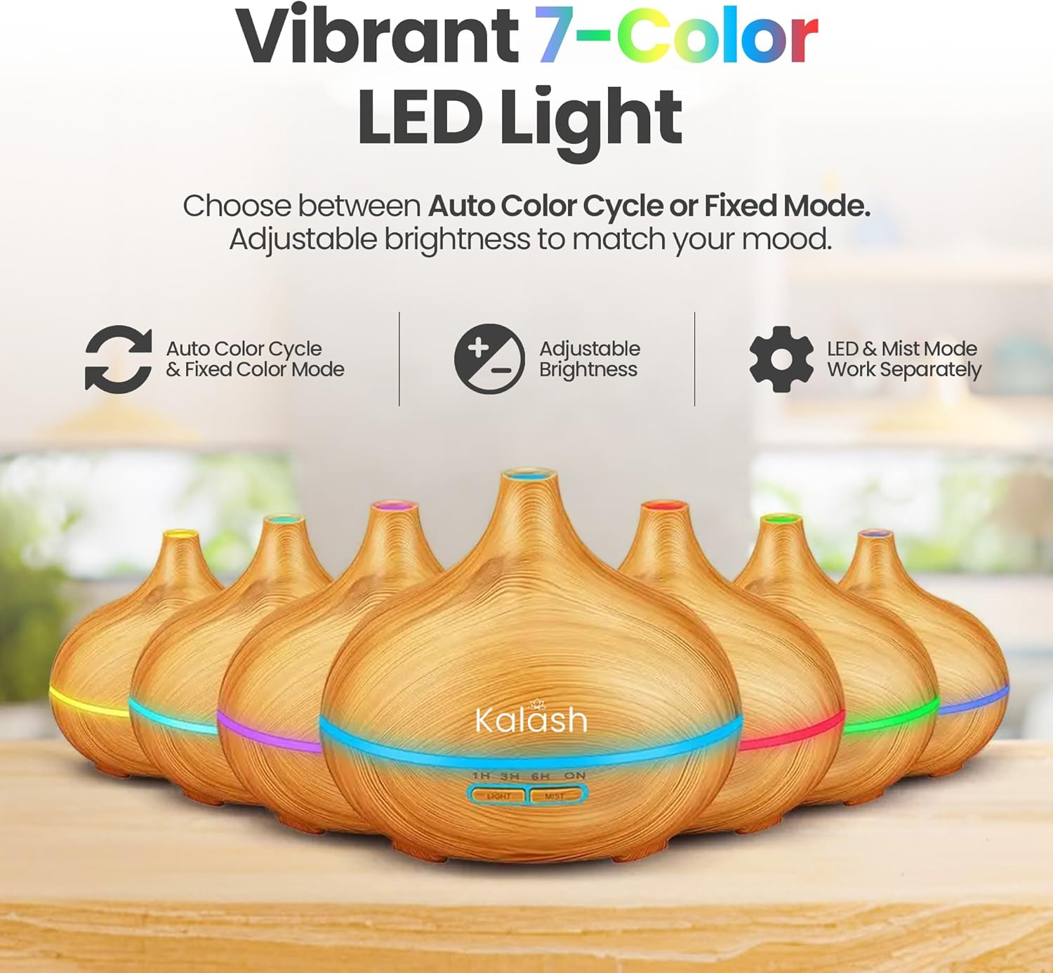Kalash 500Ml Essential Oil Diffuser &ndash; Aroma Diffuser with Remote & Timer, Ultrasonic Cool Mist, Electric Air Diffuser for Home, Office & Bedroom &ndash; Wood Grain, Colour Changing LED, Light Wood image number 6