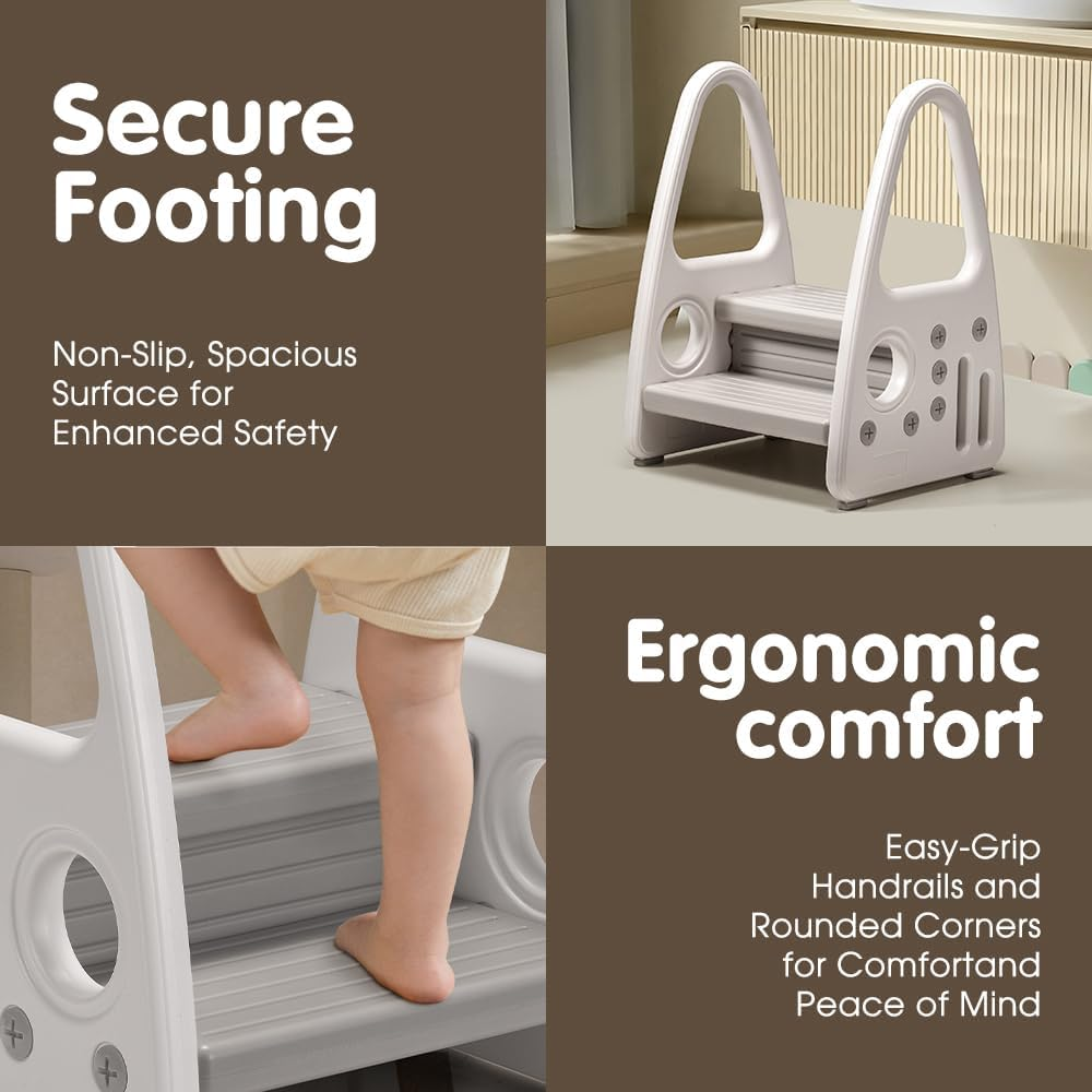 Playpals 2-Step Toddler Step Stool for Bathroom Sink, Kids Toilet Potty Training, Bed & Kitchen Counter Use, Non-Slip Double-Height Toddler Tower with Handle (White-Grey) image number 3