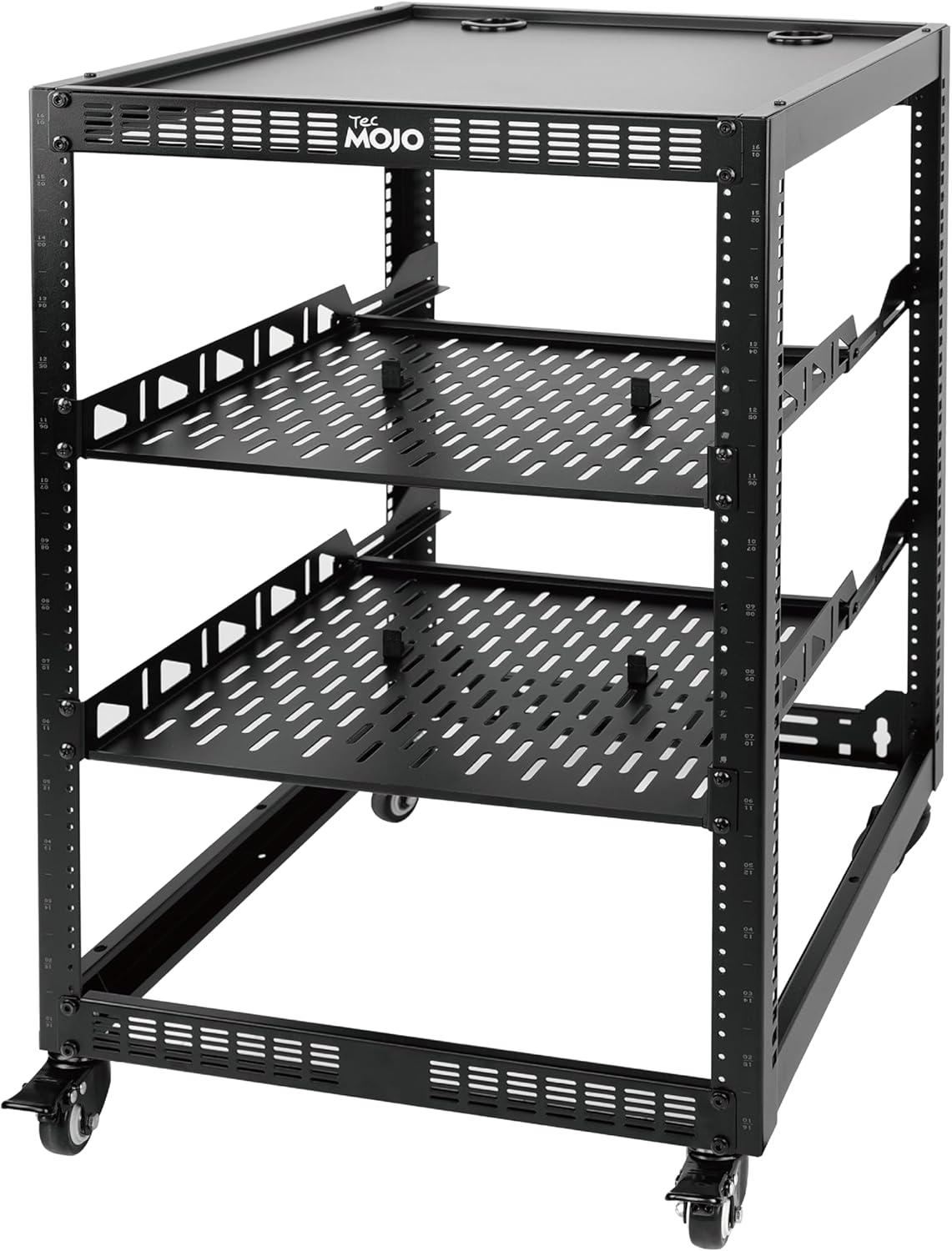 16U Open Frame Network Rack for IT &AV Gear, 16RU AV Rack 4-Post with Mobile Casters and 2 PCS Vented 19'' Front Mounting Rack Shelf with Rear Supporting Ears and Anti-Slip Stops & Mounting Hardware image number 5