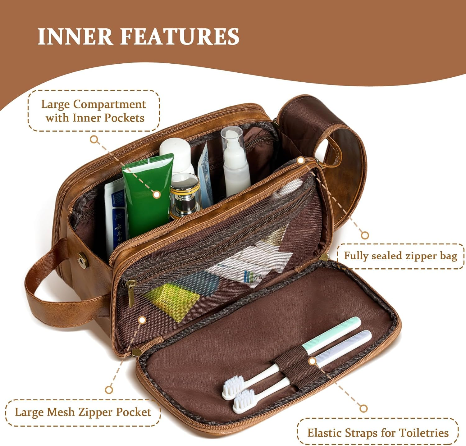 Janhavi Toiletry Bag for Men Waterproof, Groomsmen Gifts Personalized Leather Engraved Initials & Mountain, Mens Toiletry Travel Bag, Anniversary Gifts for Men, Travel Tssentials, Brown, M image number 3