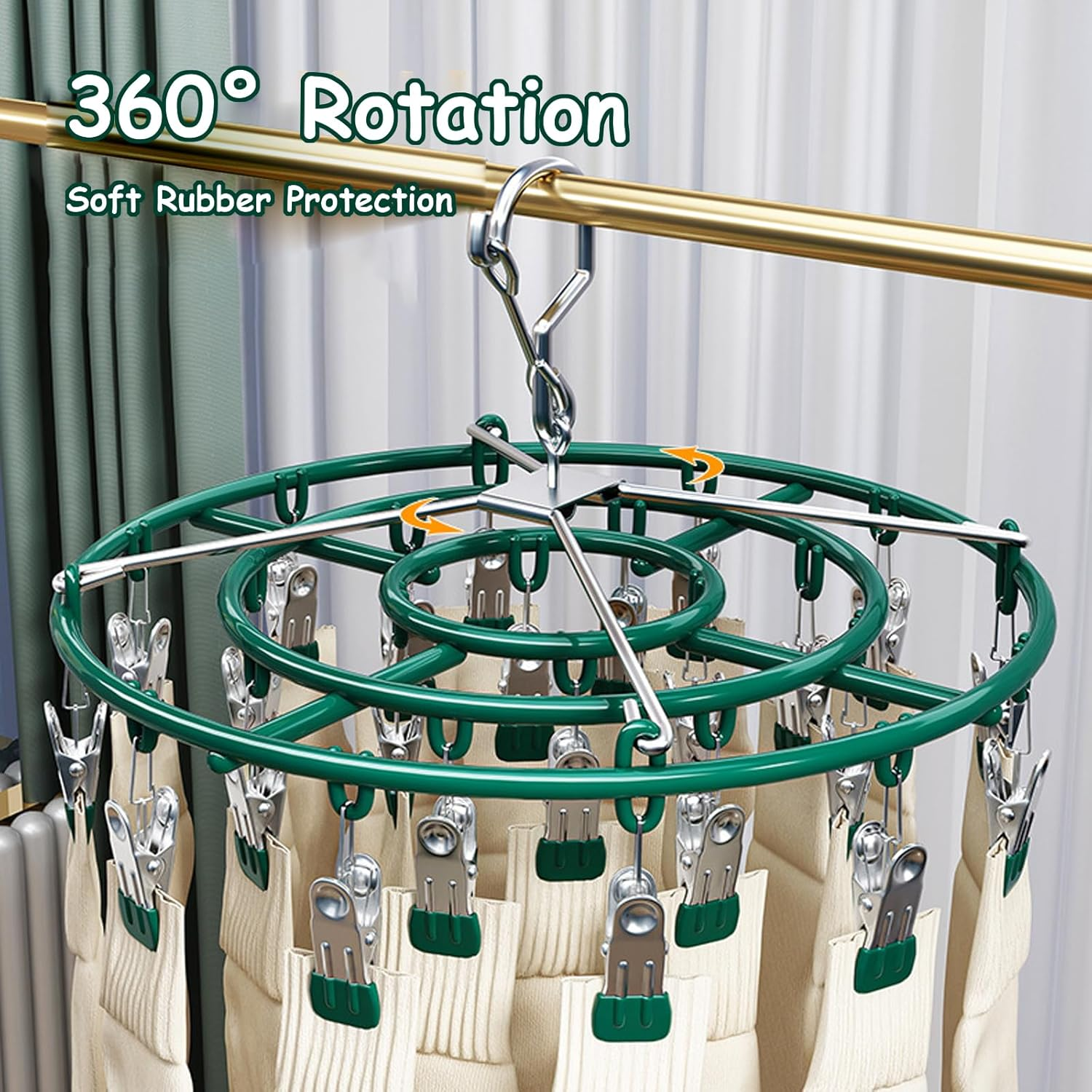Taoluwin Clothes Hanging Dry Rack with 24 Clips, 360&deg; Rotating Metal Clip Hanger, Rustproof Aluminum Drying Rack for Socks, Bras, Underwears, Gentle Non-Slip Clamps image number 6