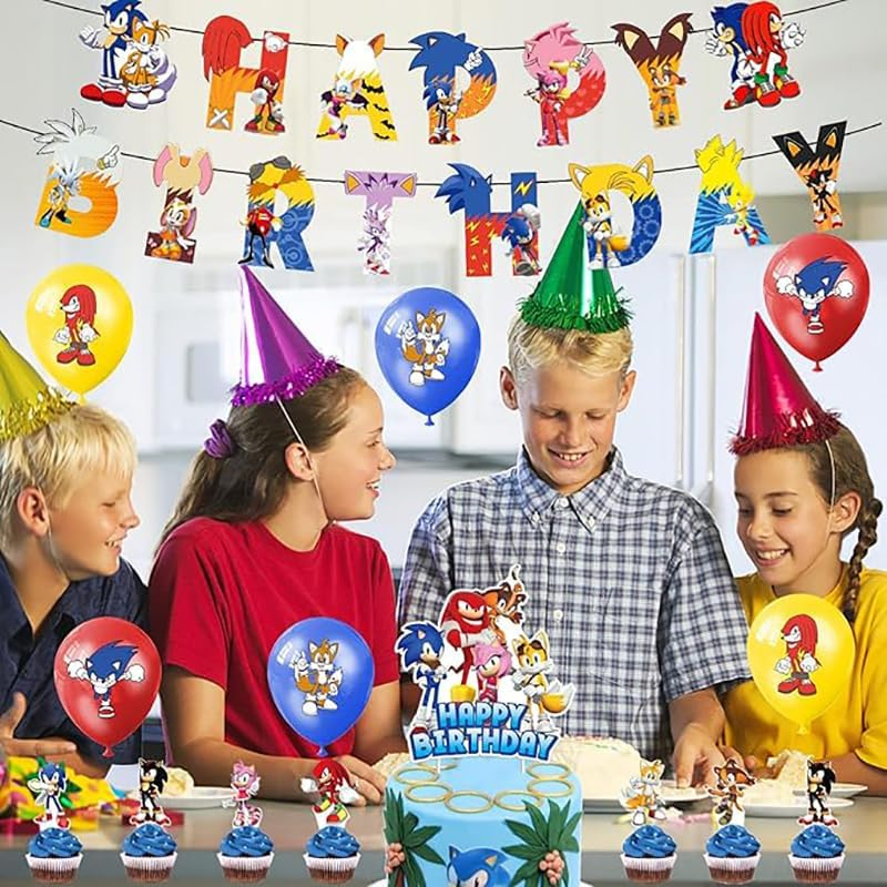 Sonic Hedgehog Birthday Decoration Set - Party Supplies with Balloons, Cake Topper, and Banner image number 4