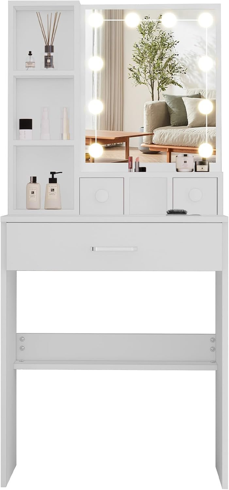 Small Vanity Desk with Mirror and Lights, 60Cm Dressing Table with 10 Dimmable Light Bulbs 3 Color Changing, Girls Makeup Desk Vanity Table White, Compact Vanity for Teens Teenager Bedroom