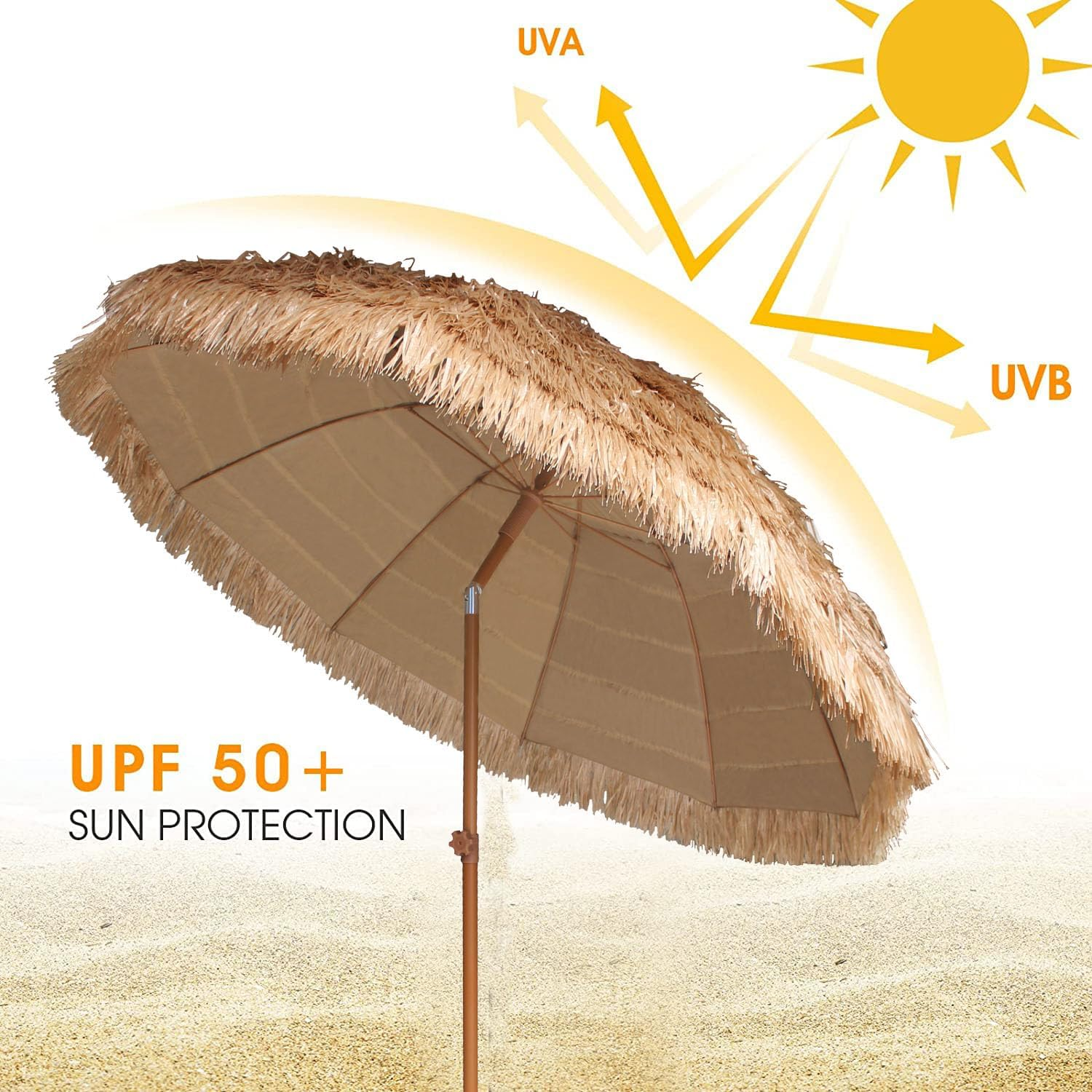 AMMSUN 2.3M Hula Thatched Tiki Umbrella Hawaiian Style Beach Patio Umbrella 10 Ribs UPF 50+ with Tilt Natural Color image number 2