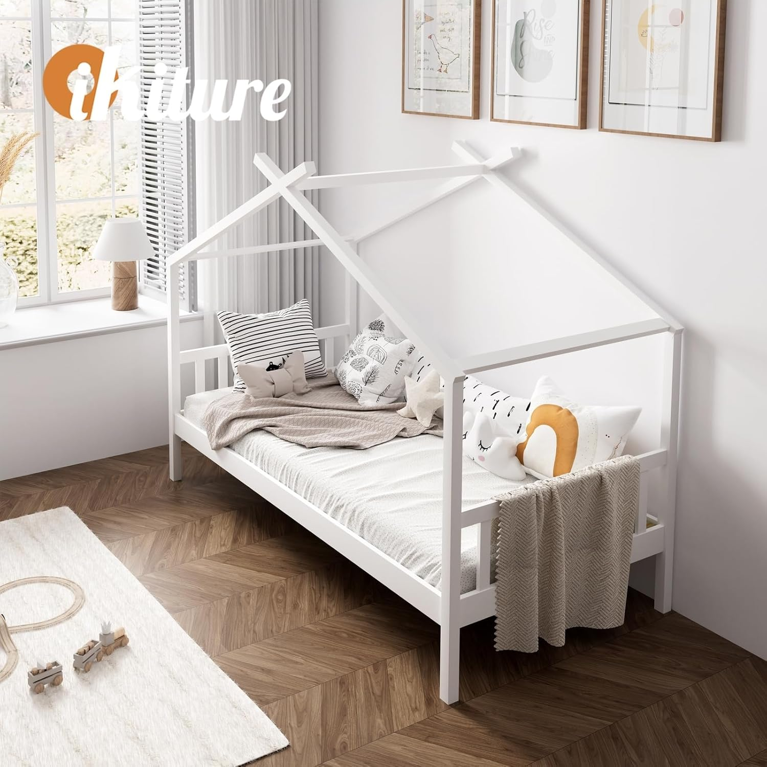 Oikiture Kids Single Bed Frame with Wooden Timber Base Kids House Wood Mattress Base Platform, White